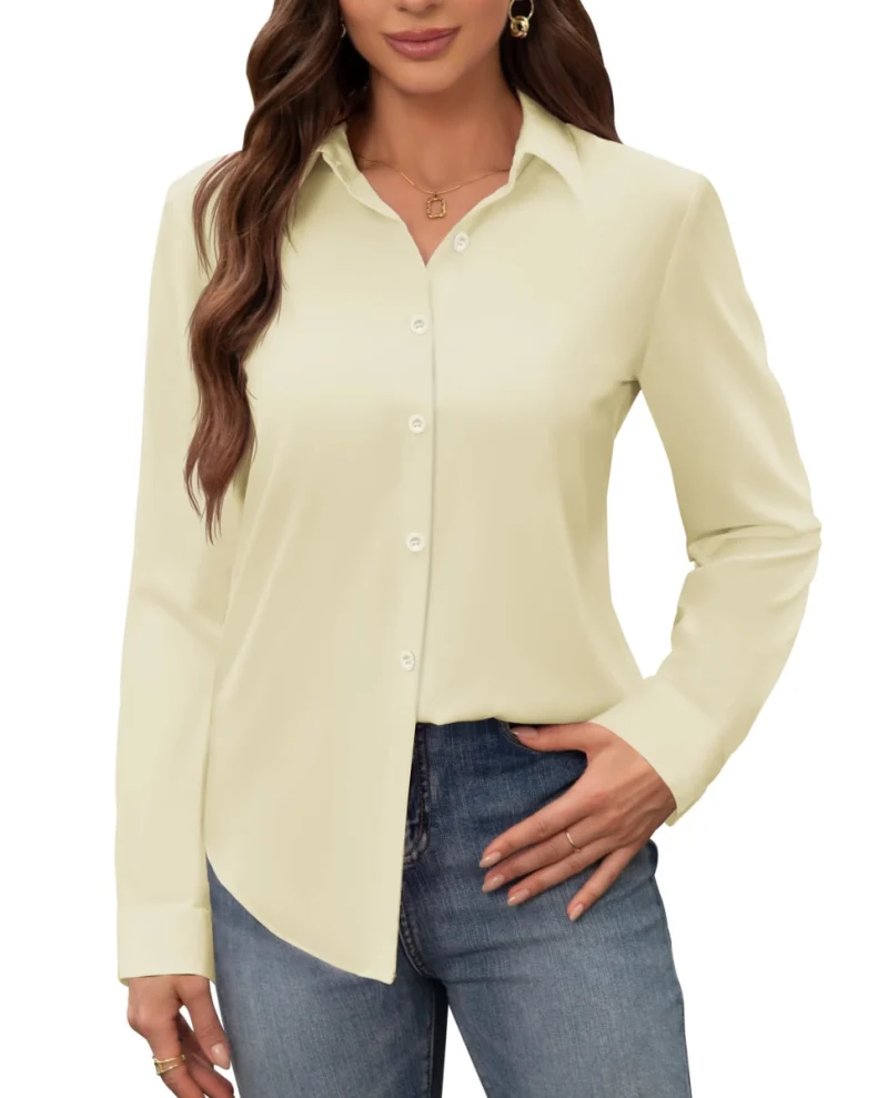 siliteelon Women's Stain Shield Dress Shirts Wrinkle Free Long Sleeve Shirts Solid Work Business Button Down Shirts, All White, XX-Large