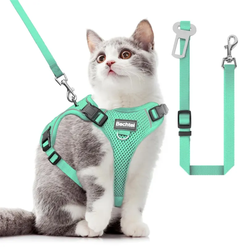 Kitten Harness and Leash Seat, The Upgrade Can be Adjusted in Four Directions and Breathable Cat Harness for Anti Escape that can be Fitted and Positioned, Reflective Strips Harness, Green,XXS