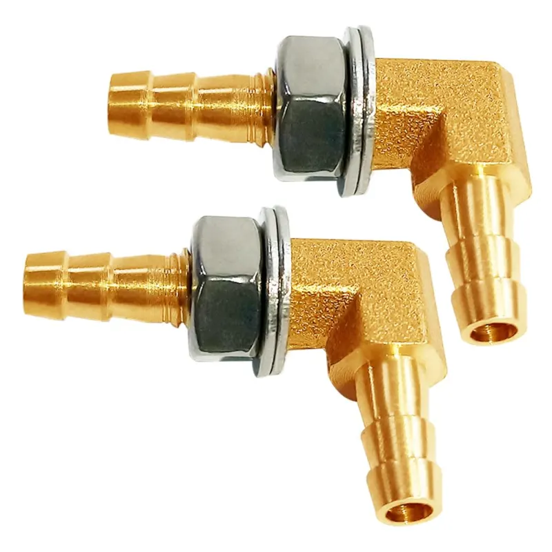 Uenede 2PCS Solid Brass 90°Elbow Barb Bulkhead Fitting 1/4”OD Barb Bulkhead Coupling Tank Connector Hose Pipe Barb Fitting for Water/Oil/Gas