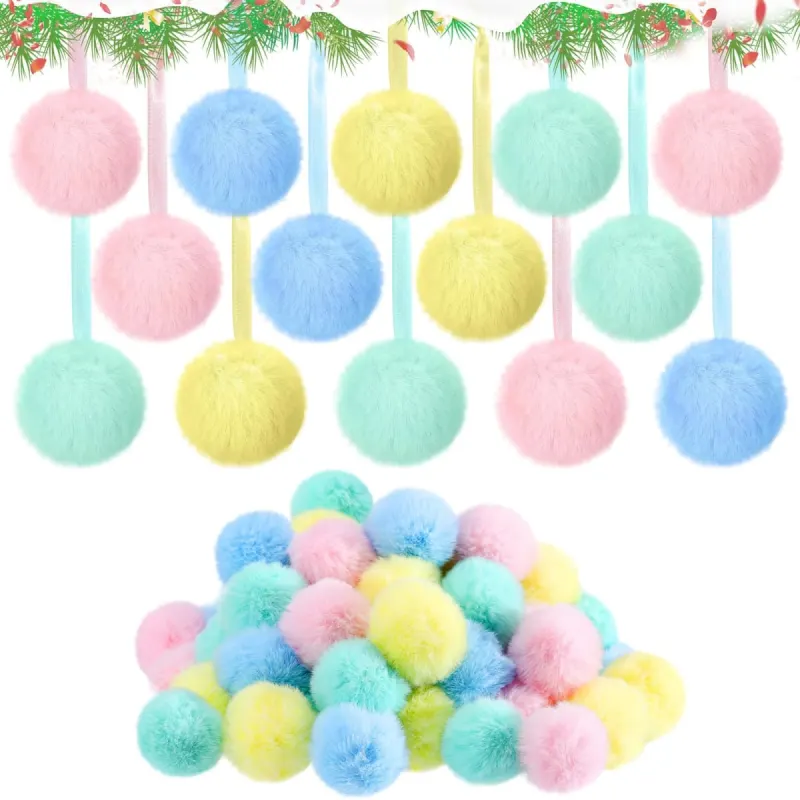 WILLBOND 60 Pcs Fur Christmas Ornaments 2 Inch Pastel Pom Pom Ball Hanging Decoration Yellow Pink Green Blue Macaron Fuzzy Fluffy Christmas Ornaments for Xmas Tree Wreath Home DIY Craft Party Decor