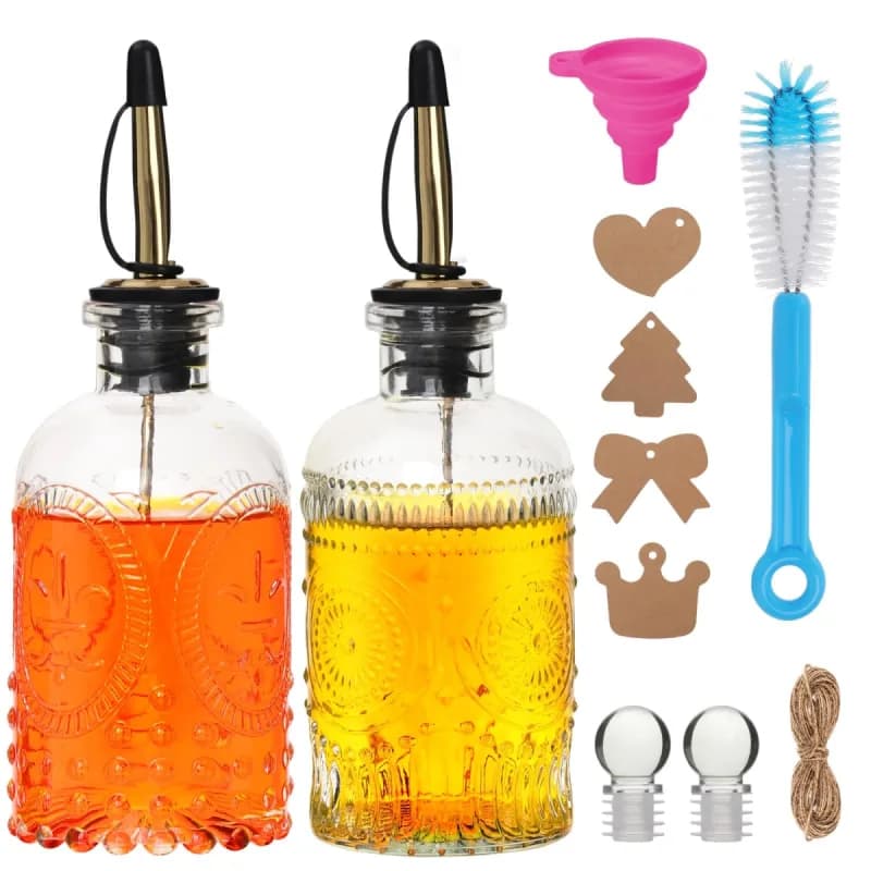 7oz Glass Coffee Syrup Dispenser, 4-Pack Complete Set with Funnel, Brush, Stoppers & Accessories - Syrup Bottles for Coffee Bar with Metal Pour Spout, Ideal for Maple,Oil, Vinegar,Cooking wine