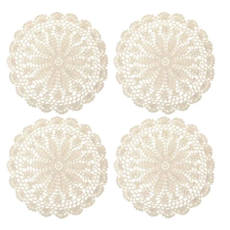 Crochet Doilies, 4 Pcs 10 Inch Beige Doilies for Tables Vintage Doilies for Furniture, Round Handmade Lace Placemats Knitted Tablecloth Corrugated Edge for Kitchen Dining Room Wedding Party Decor