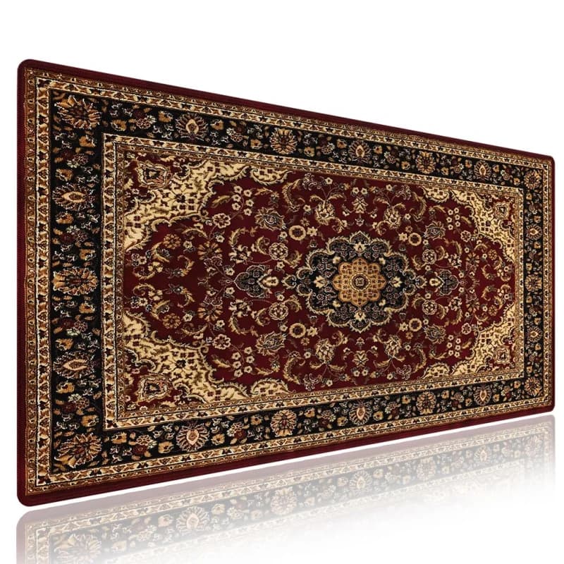 knseva. Large Gaming Mouse Pad with Stitched Edges - Vintage Oriental Persian Floral, Retro Classic Flowers Design Red Black Beige, Anti-Slip Rubber Base & Smooth Fabric Surface XXL Extended Desk Mat