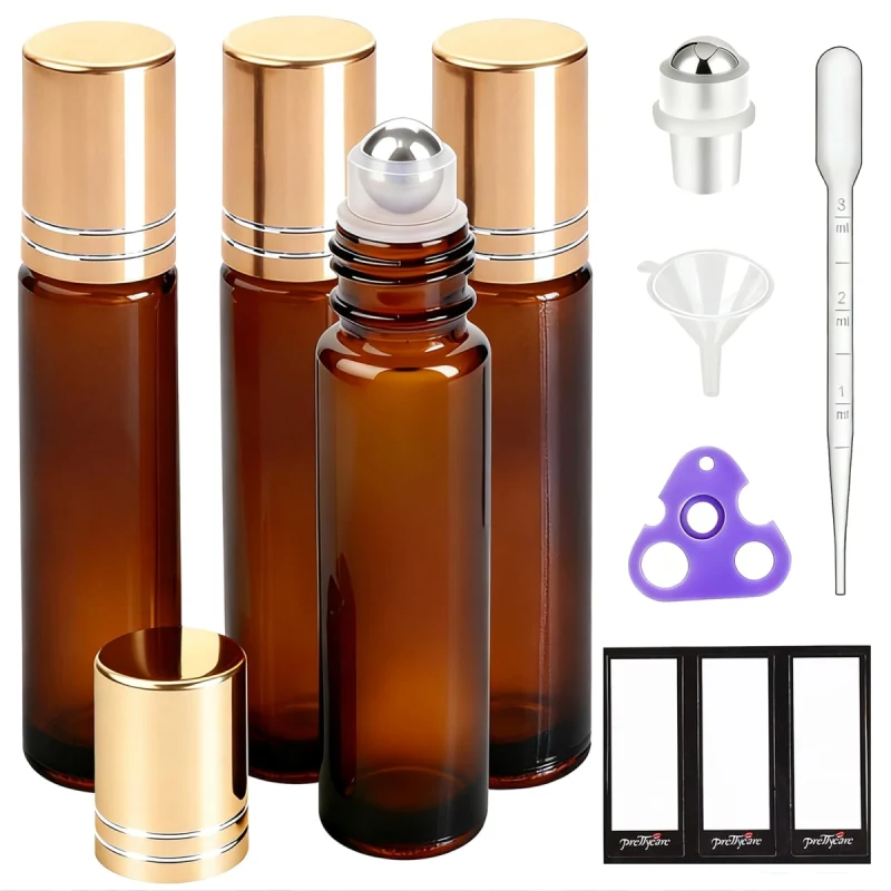 PrettyCare Essential oil Roller Ball Bottles for Oils 10ml Amber Glass with Golden Caps 4 pack, Refillable Empty Perfume Bottles with Extra Roller Balls, Opener, Funnel, Pipette, Labels