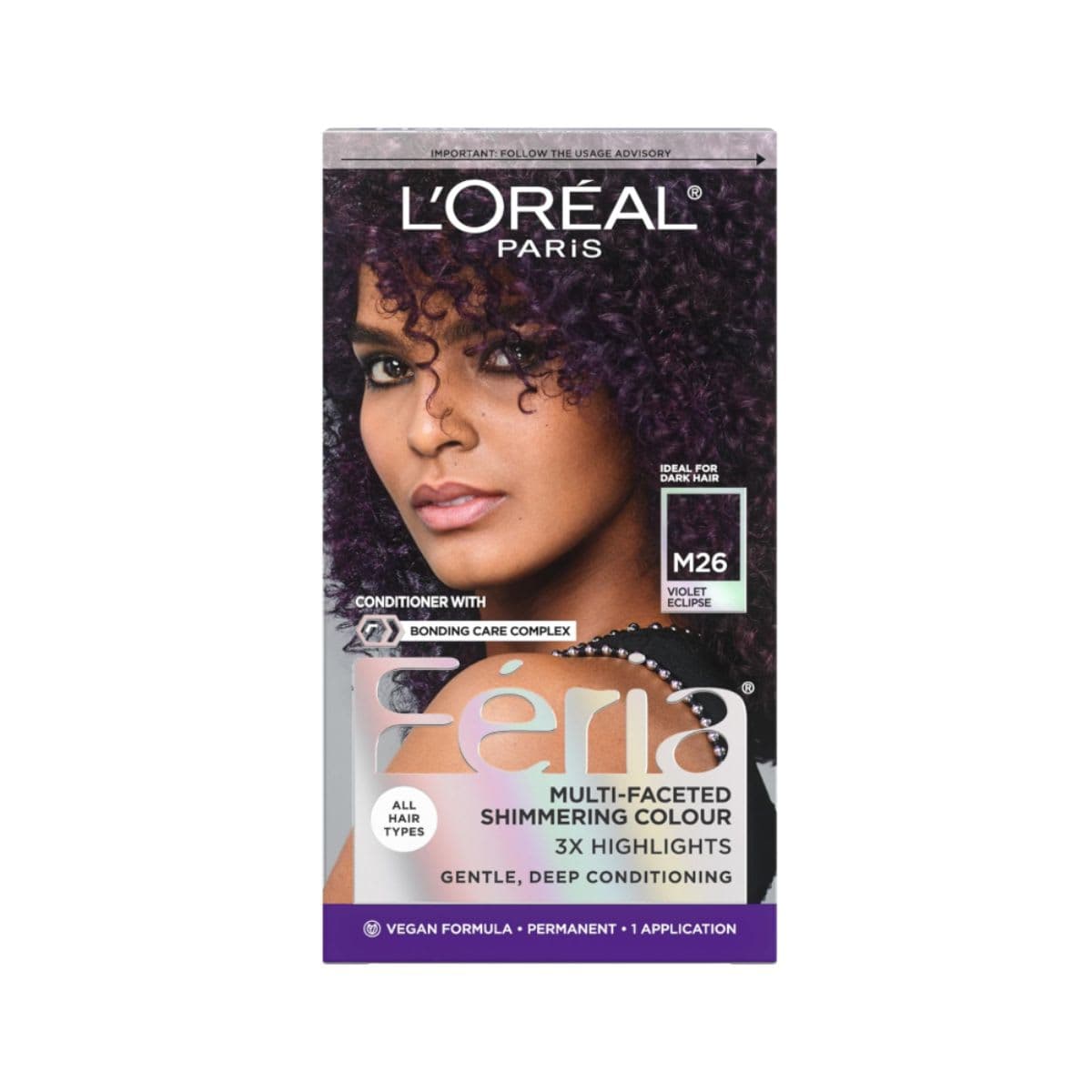 L’Oréal Paris Feria Multi-Faceted Shimmering Permanent Hair Dye, M26 Cool Violet, Permanent Hair Color for Long Lasting Hair Dye with Bonding Complex Conditioner, Pack of 1 (Packaging May Vary)