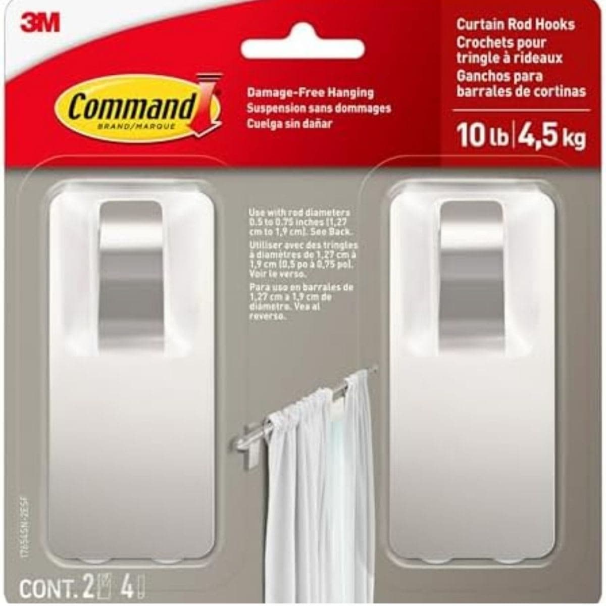 Command 10 lb Satin Nickel Curtain Rod Hooks, 2 Hooks and 4 Command Strips, Damage Free Curtain Rods Hangers with Adhesive, No Drilling Home and Room Decor — image 1