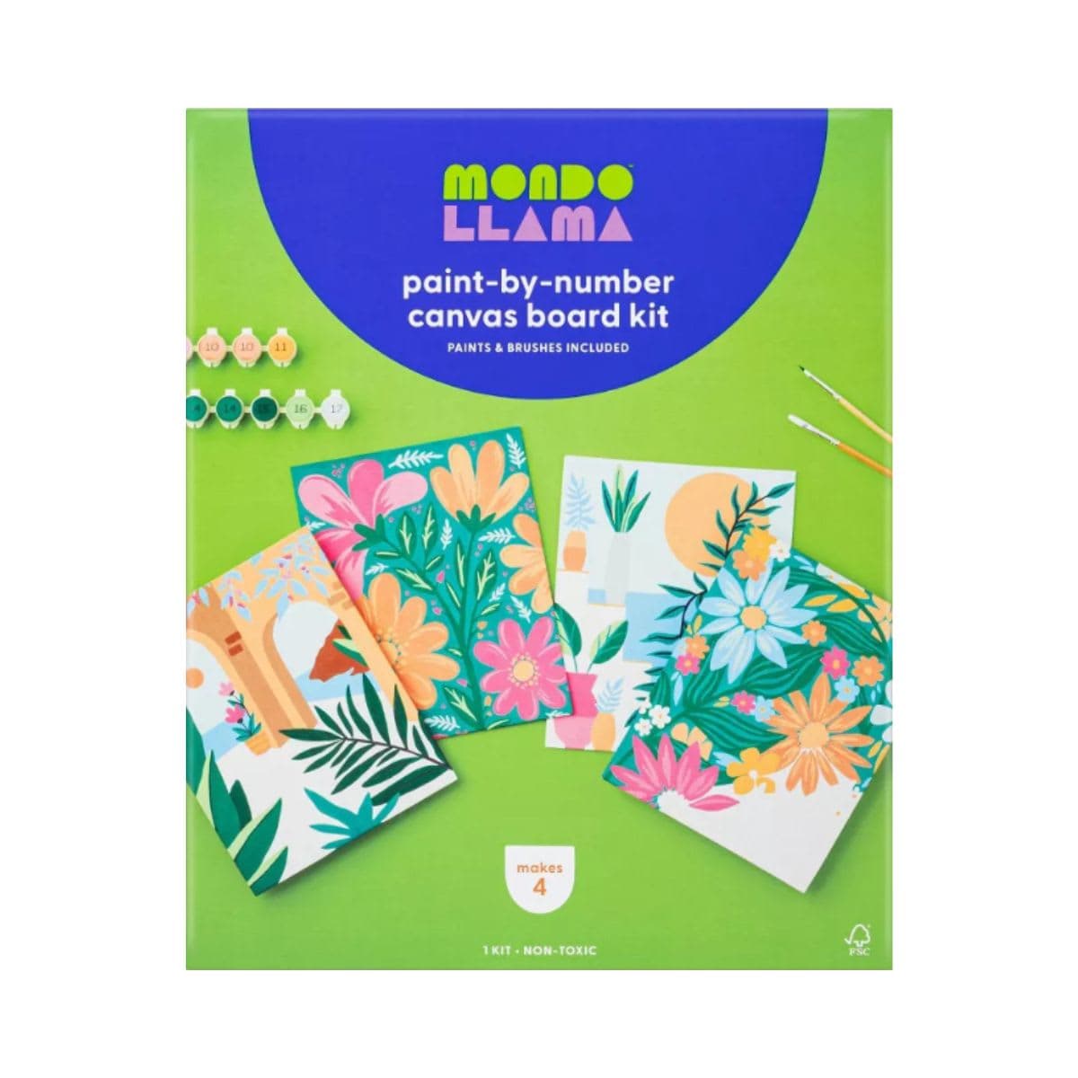 4pk Paint by Number Canvas boards Floral - Mondo Llama™: DIY Art Kit, Acrylic Paint & Brushes, Adult Craft Activity — image 1