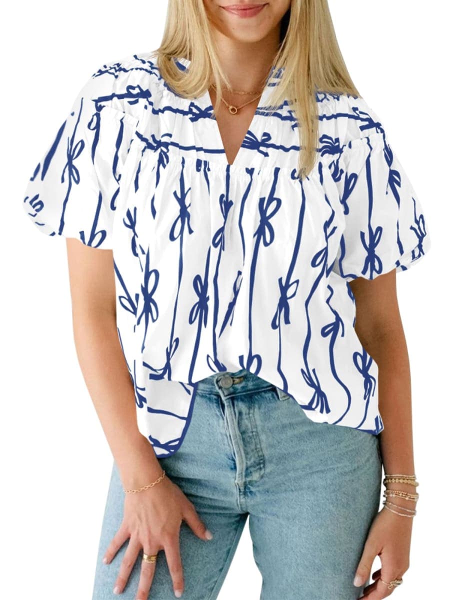 Cicy Bell Womens Summer Babydoll Tops Short Lantern Sleeve Bow Print Blouse V Neck Pleated Casual Cute Tee Shirts, White Blue, X-Large — image 1