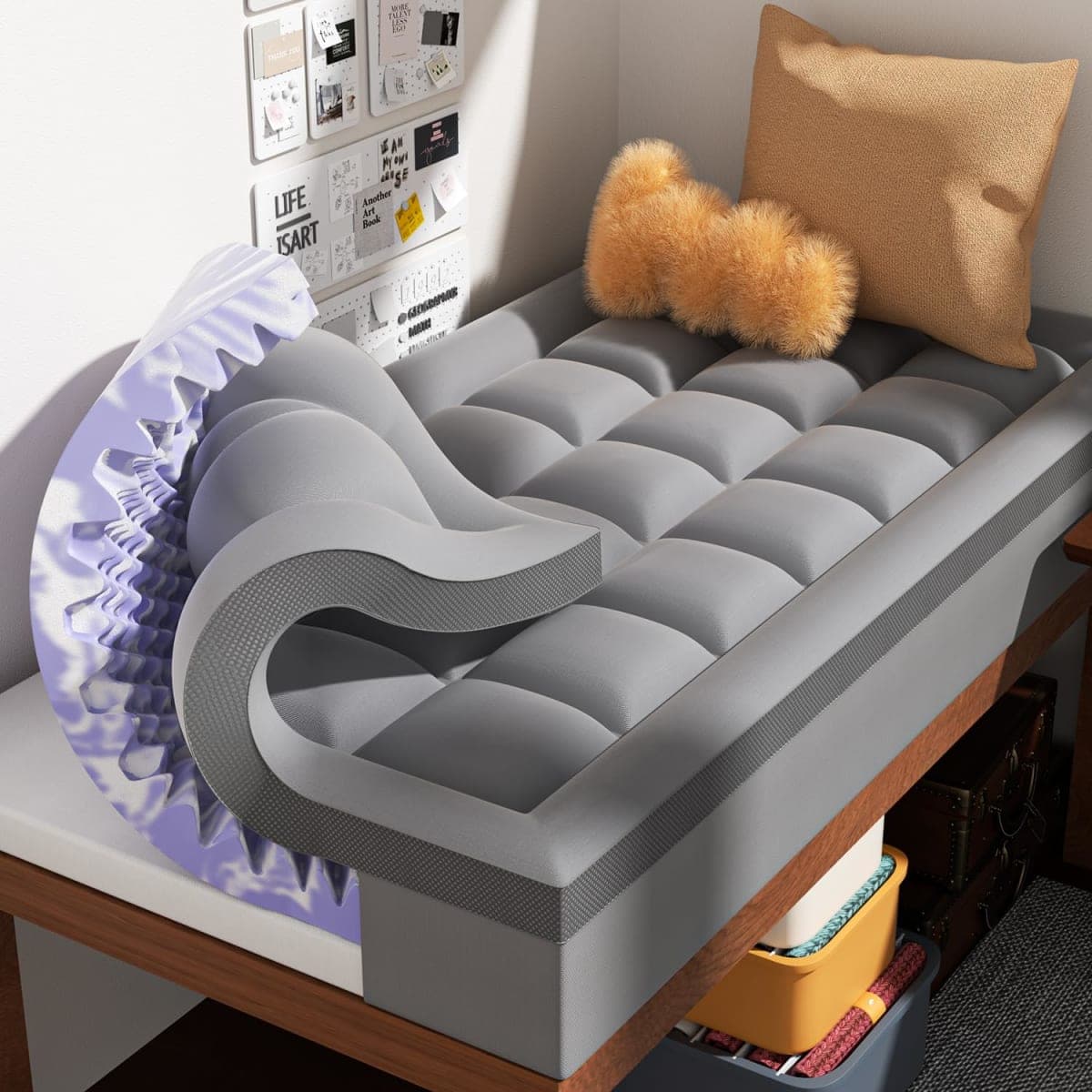 ChiXpace Dual Layer Memory Foam Twin XL Mattress Topper - 2 Inch Gel Egg Crate Foam and 2 Inch Cooling Pillow Top Cover Rayon, Twin Extra Long College Dorm Support for Back Pain (Grey) — image 1