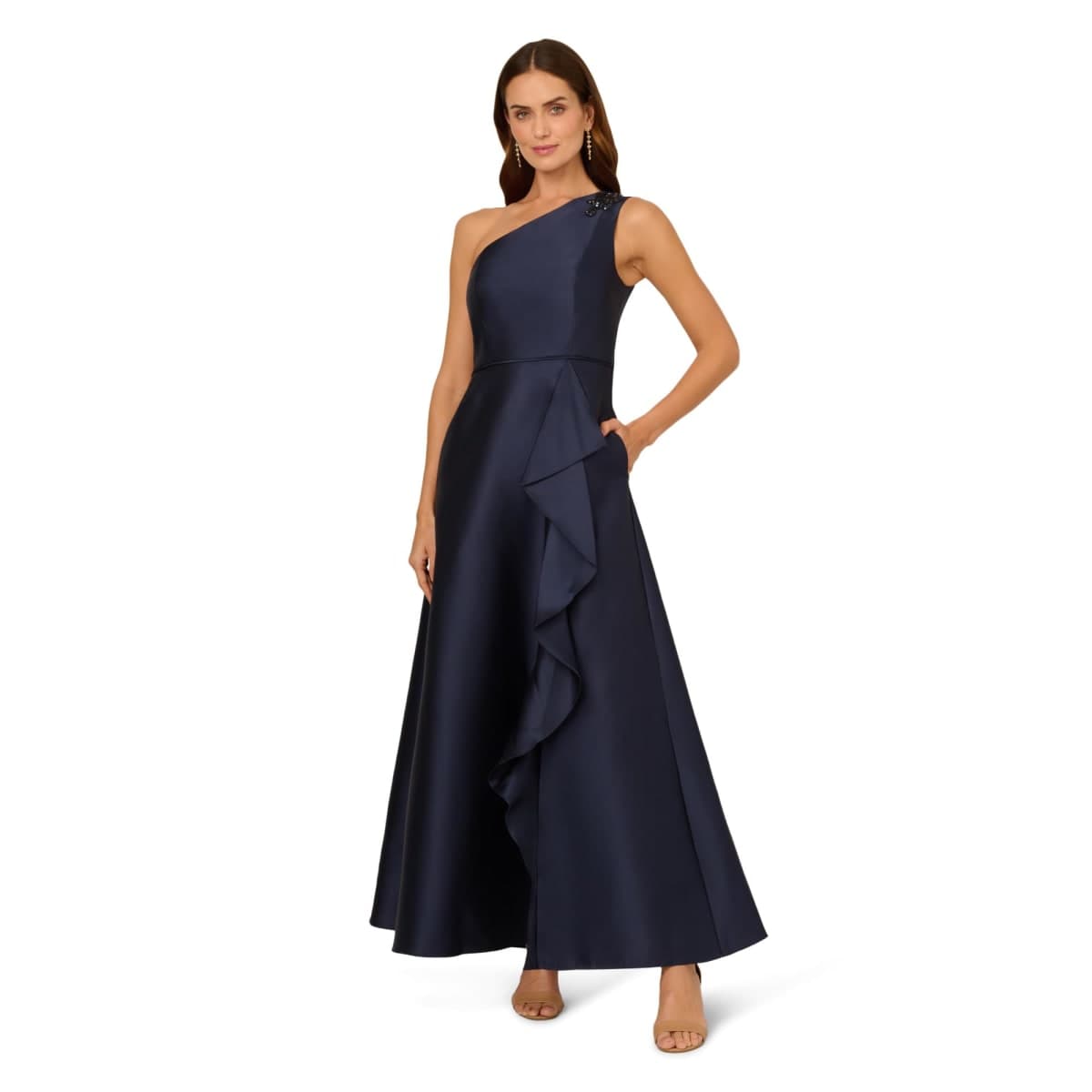 Adrianna Papell Women's One Shoulder Mikado Gown, Midnight, 12 — image 1