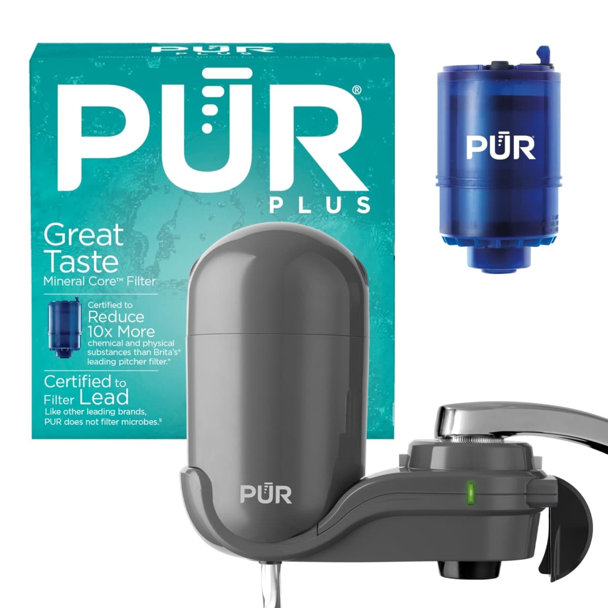 PUR Plus Vertical Faucet Mount Water Filtration System, Lead-Reducing Filter, Great-Tasting Water, Easy Install, Lasts 100 Gallons, Compatible with Sinks with External Aerators, Grey — image 1