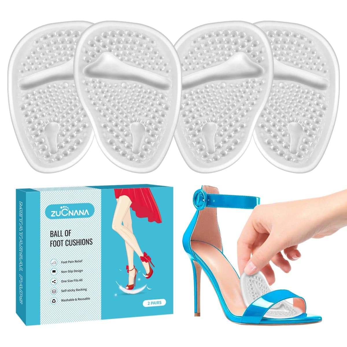ZUCNANA Ball of Foot Cushions (2 Pairs Gel Shoe Inserts), Heel Inserts for Women, Non Slip Heel Pads, Heel Cushions for Women Foot Pain Relief and Comfort, One Size Fits Any (Clear) — image 1