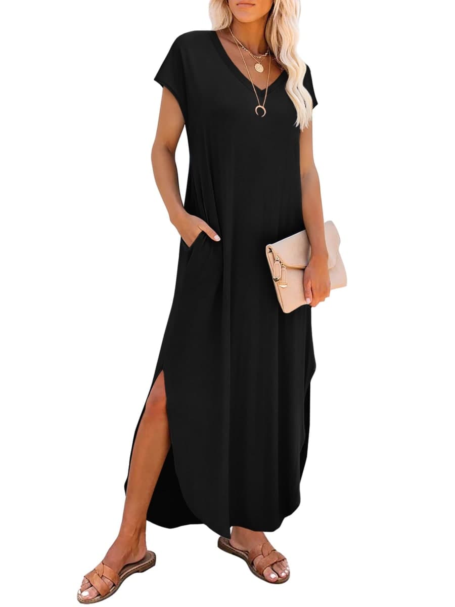 RUMIA Summer Casual Maxi Dresses for Women- Women's V Neck Cap Sleeve Long Sundress with Pockets Beach Vacation, Black, Medium — image 1