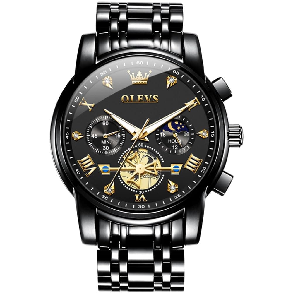 OLEVS Mens Watches Chronograph Black Dial Gold Stainless Steel Waterproof Date Analog Quartz Watch — image 1