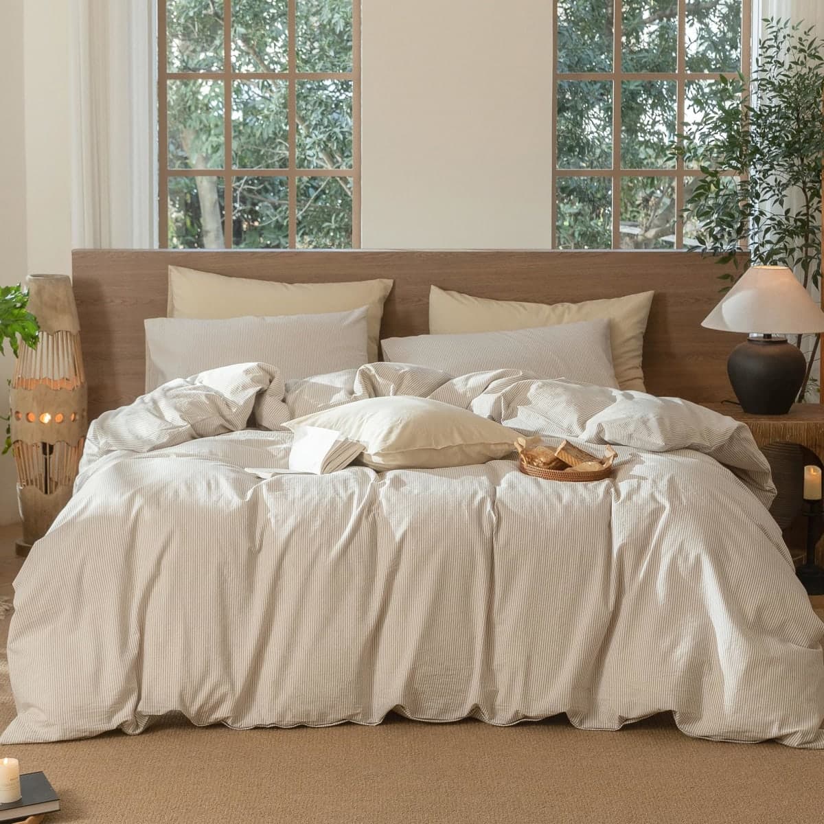 MooMee Bedding Duvet Cover Set Striped 100% Washed Cotton Linen Like Textured Breathable Durable Soft Comfy (Tannish Linen Grey White Pinstripes, King 104"x90") — image 1