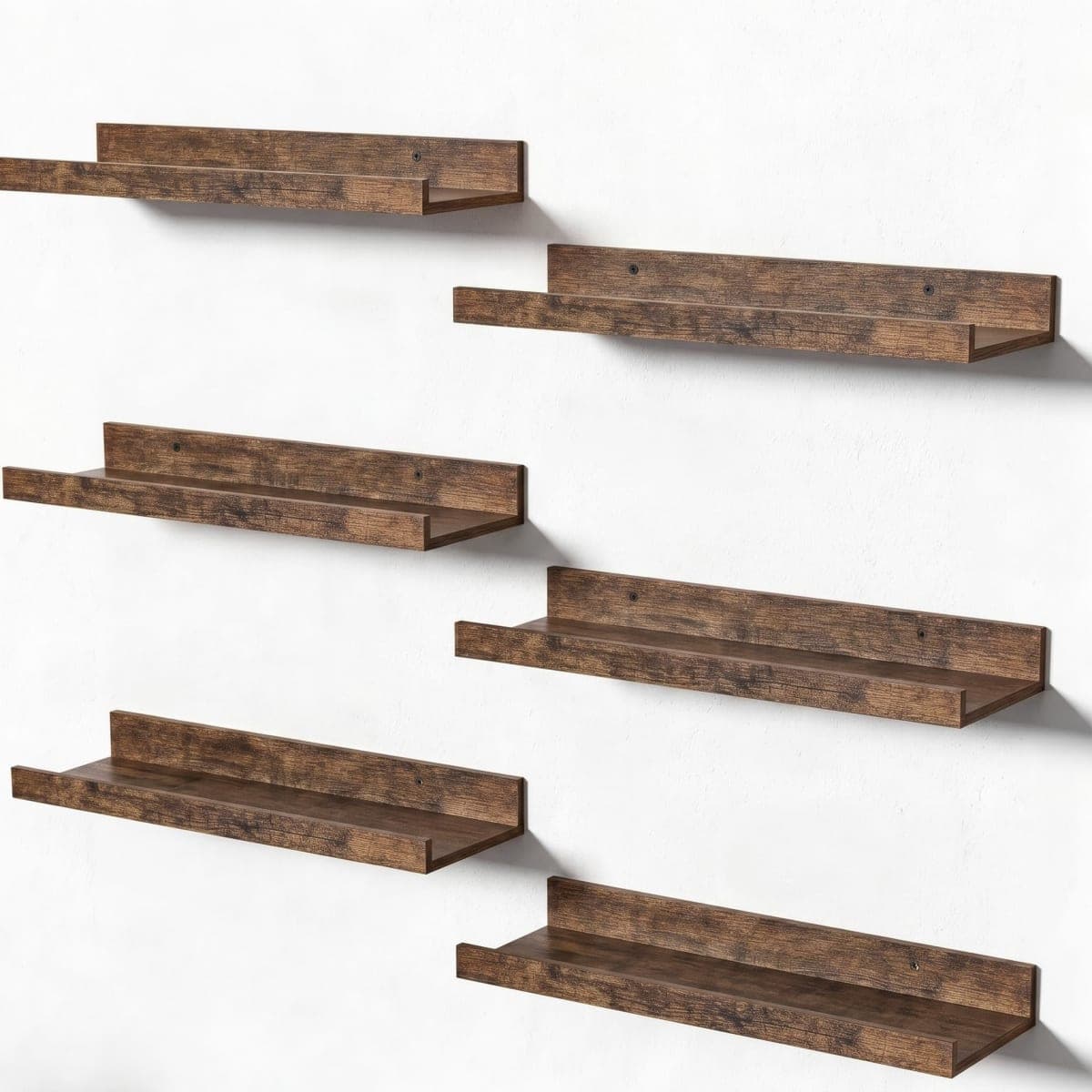 upsimples Floating Shelves for Wall, Wall Shelves for Decor Storage, Set of 6, Wall Mounted Wooden Shelf for Bedroom, Living Room, Bathroom, Kitchen, Picture Rail, Brown — image 1