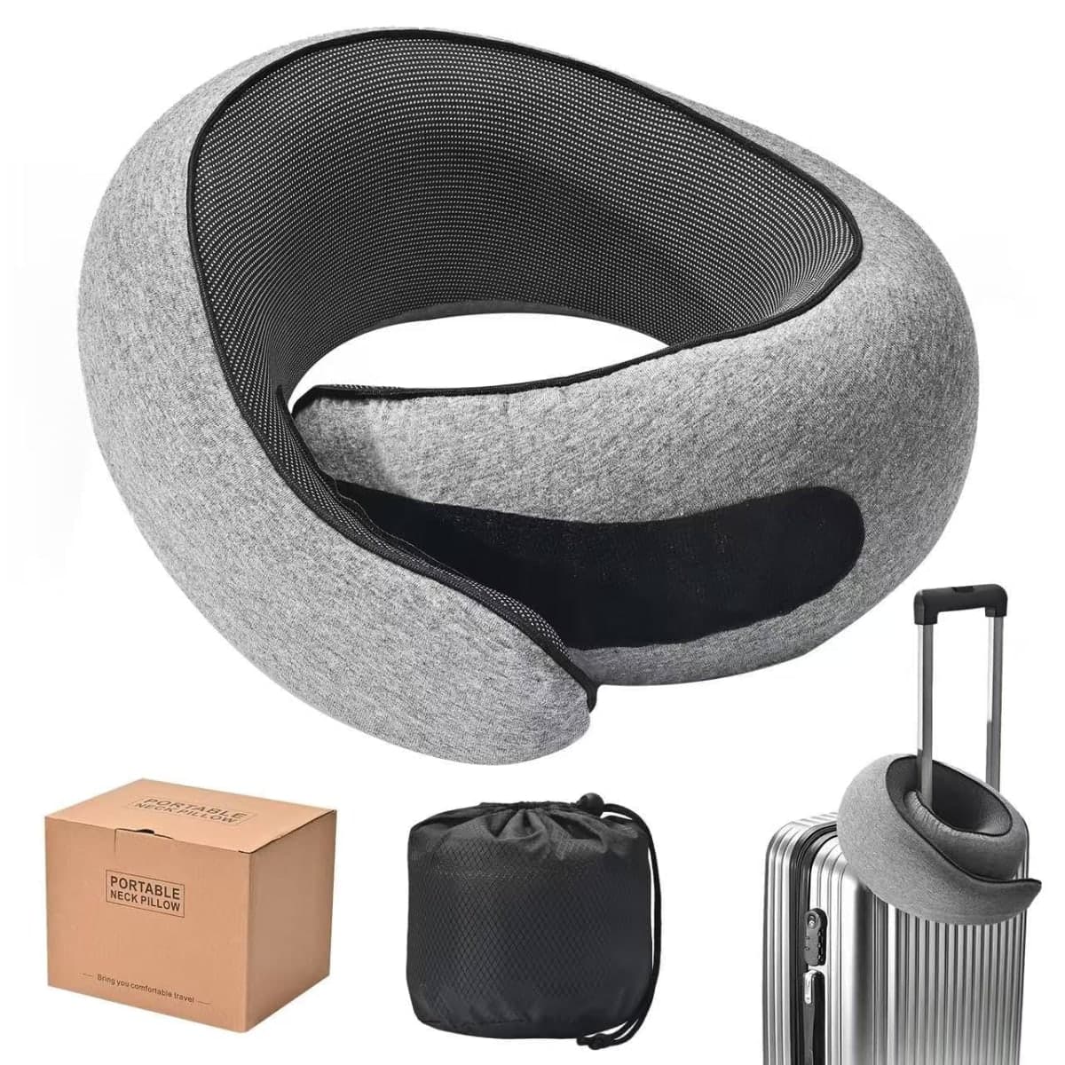 REHUAWHO Travel Neck Pillow for Airplanes - 100% Memory Foam, 360° Head Support, Breathable & Removable and Washable, Compact for Travel, Car & Flights - Grey — image 1