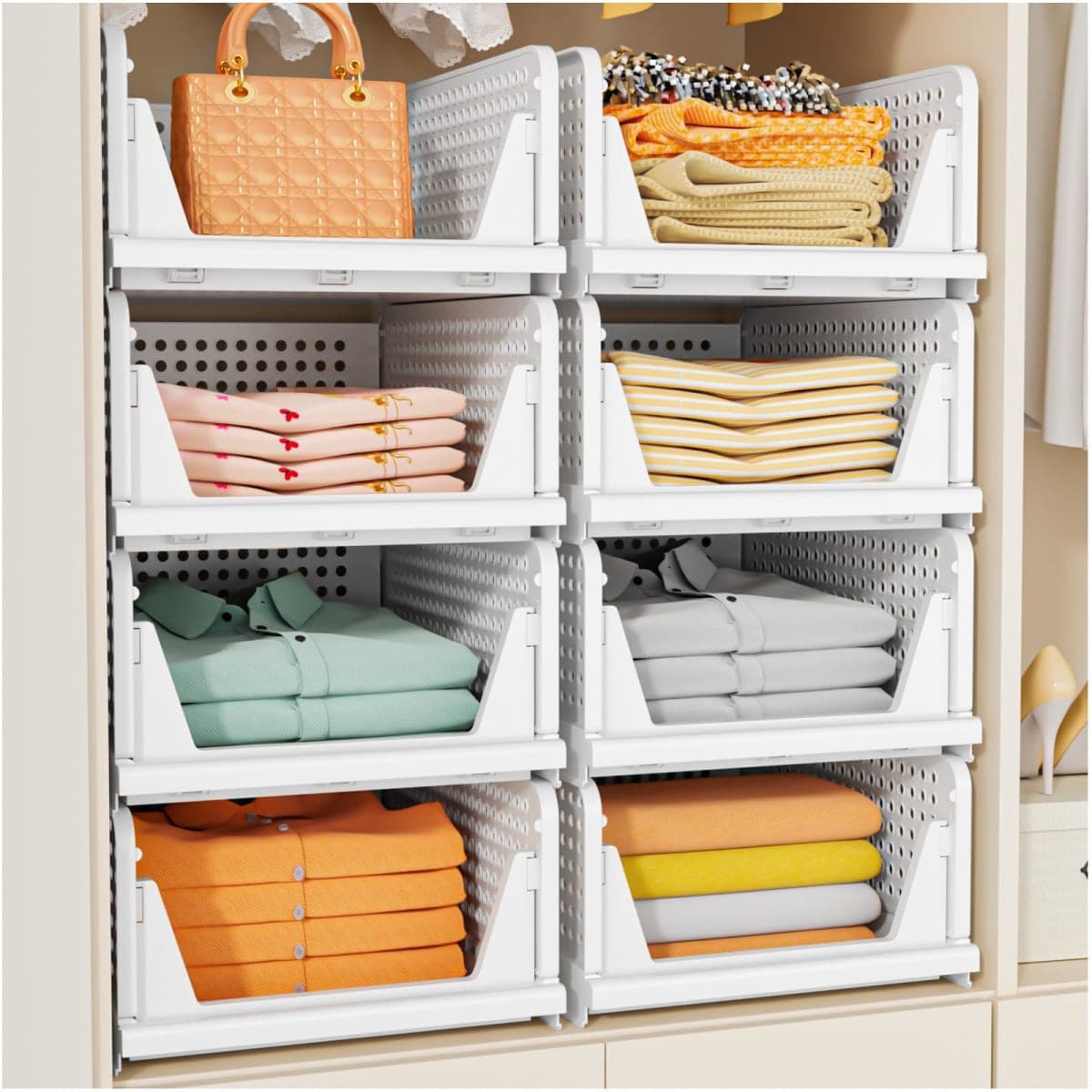 SNSLXH 5 Pack White Stackable Closet Organizer Box, Multifunctional & Foldable Storage Basket for Bathroom, Kitchen, Laundry Room, Wardrobe, Space-Saving Clothes Storage Drawer Organizer — image 1