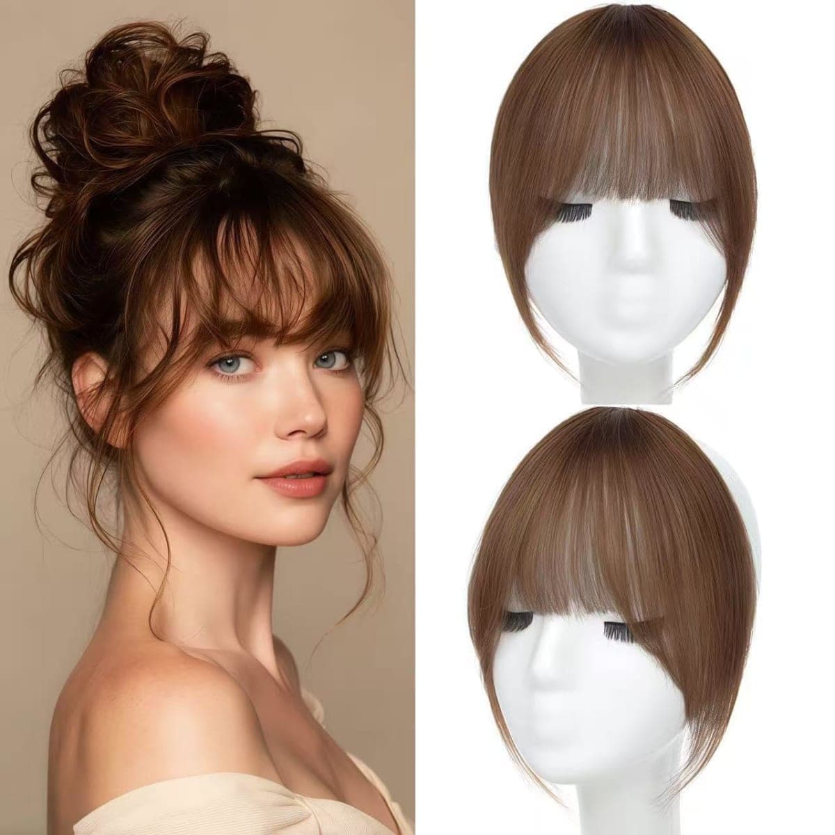 HAITOO Clip in Bangs, 100% Real Human Hair French Fake Bangs Hair Clip for Women Light Brown Natural Curtain Fringe with Temples Hairpieces for Daily Wear(French,Light Brown)
