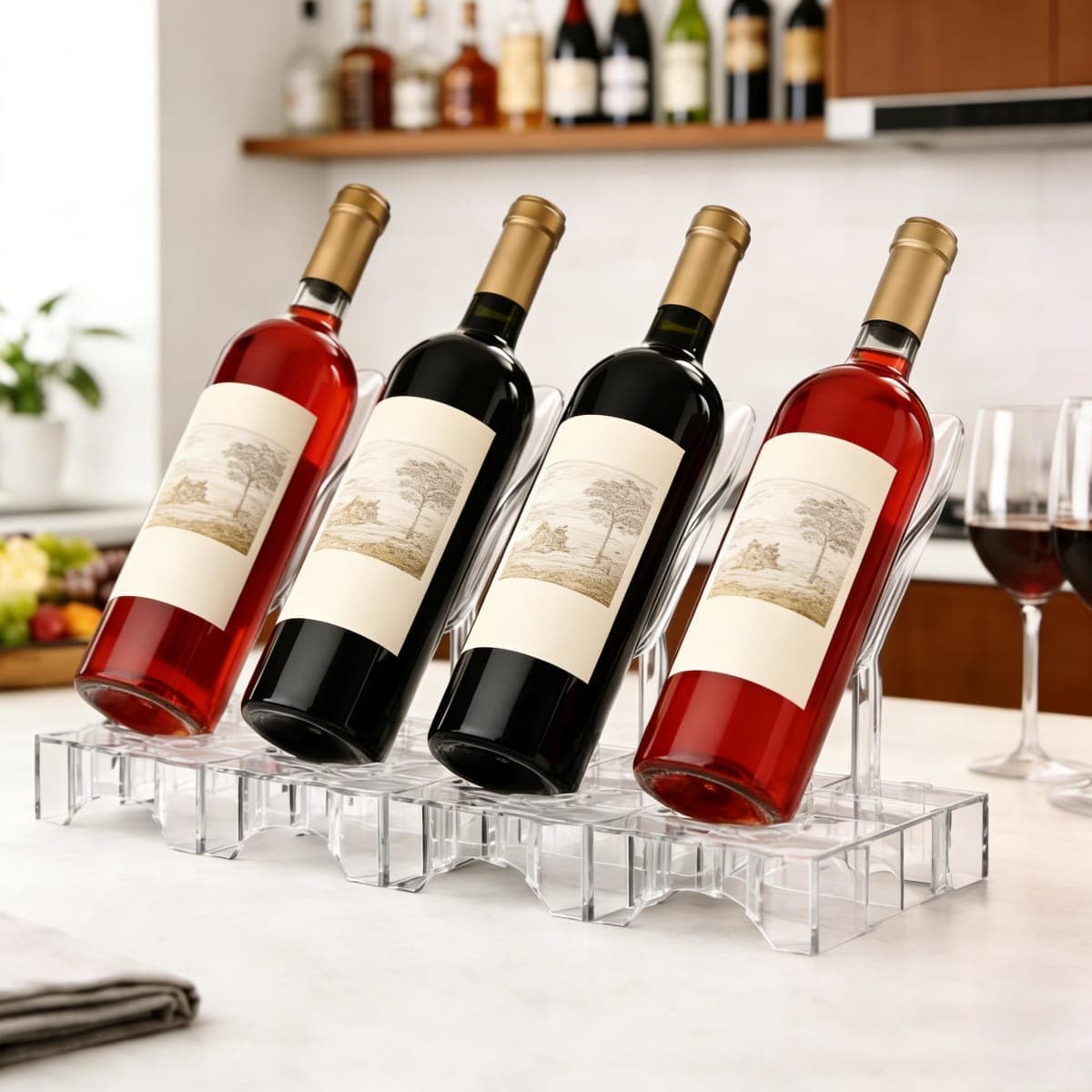 Clear Acrylic Wine Rack, Modular Stackable Countertop Wine Bottle Holder with Leaf Shaped Support, Multi Purpose Versatile Wine Display Stand for Home Bar Party Daily Organizing (Transparent - 4pcs) — image 1
