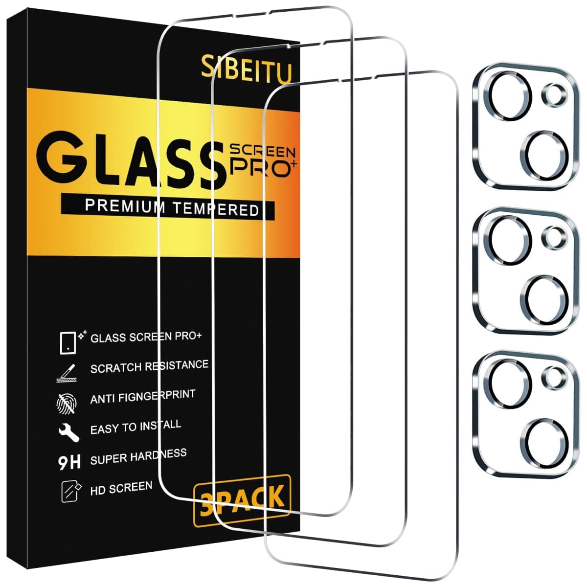 SIBEITU 3 Pack Screen Protector for iPhone 14 with 3 Pack Camera Lens Tempered Glass Protector, 6.1 Inch HD Clear Tempered Glass Film 9H Hardness Full Coverage, Scratch Resistent, No Air Bubbles — image 1