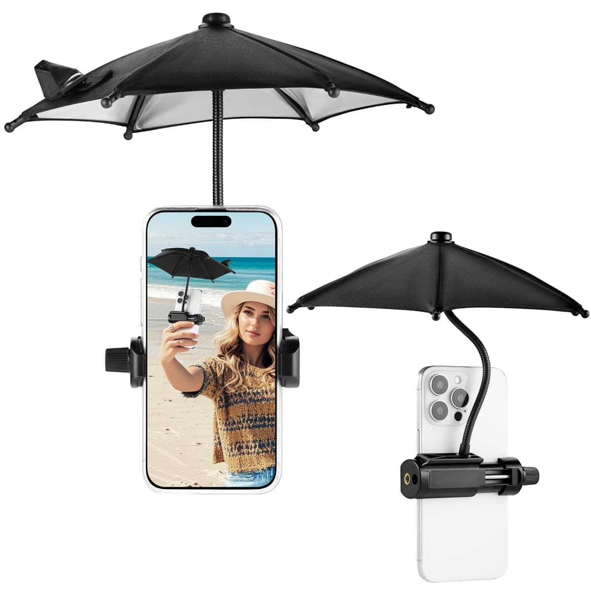 OUTXE Strong Clip Phone Umbrella for Sun, Mini Tanning Shade Cover for Cell iPhone/Android (Black) (1-Pack) — image 1