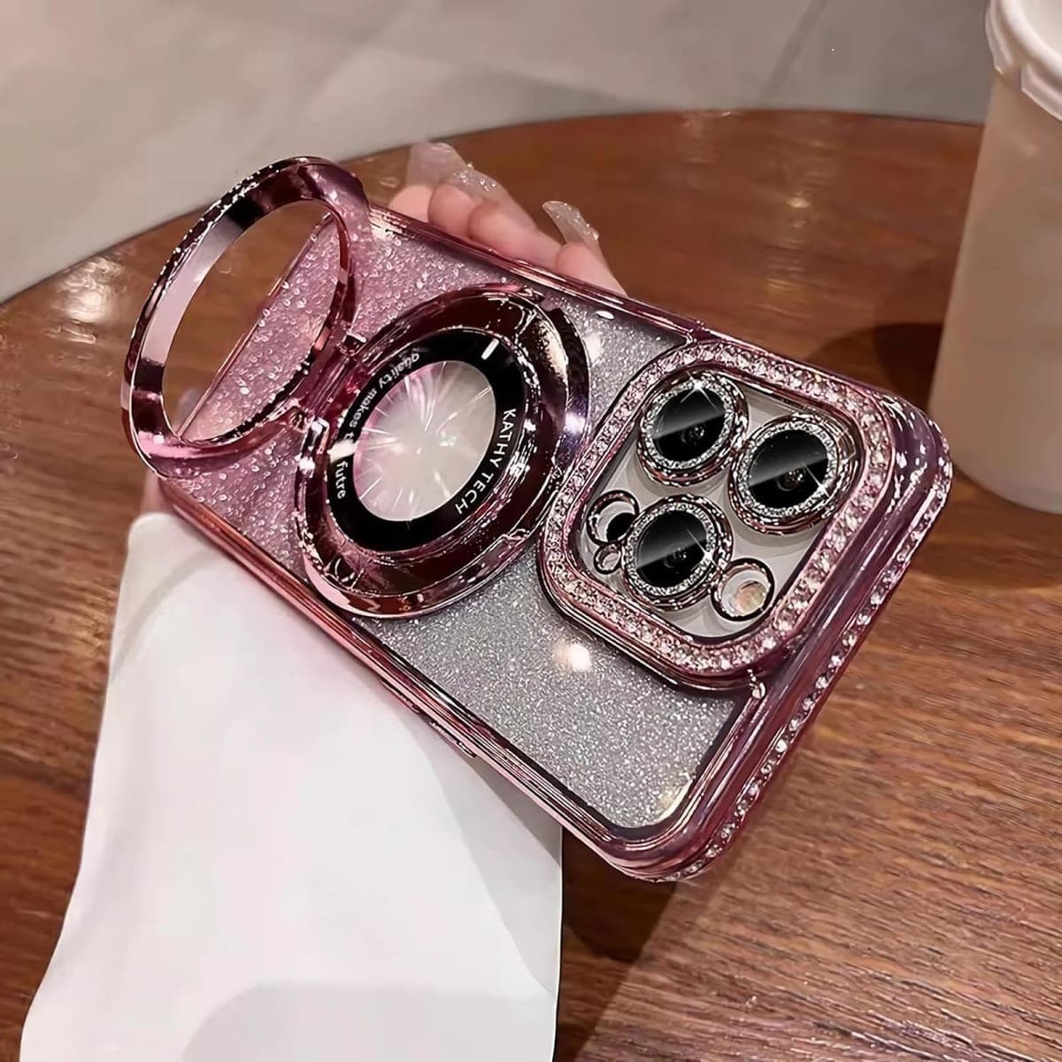 Luxury Bling Diamond for Phone 17 Pro - Clear Transparent Back with Glitter Card & Sparkling Rhinestones, Magnetic Kickstand, Shockproof Protection - Dazzling Cover for Women Pink — image 1