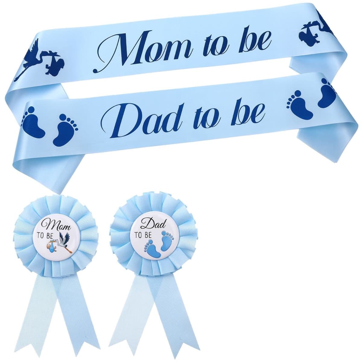 DOPENSPI 4PCS Mom to be and Dad to be Baby Shower Sash with Corsage Pin, Blue Satin Baby Shower Decorations for New Mom Dad Gender Reveal Party Decorations — image 1
