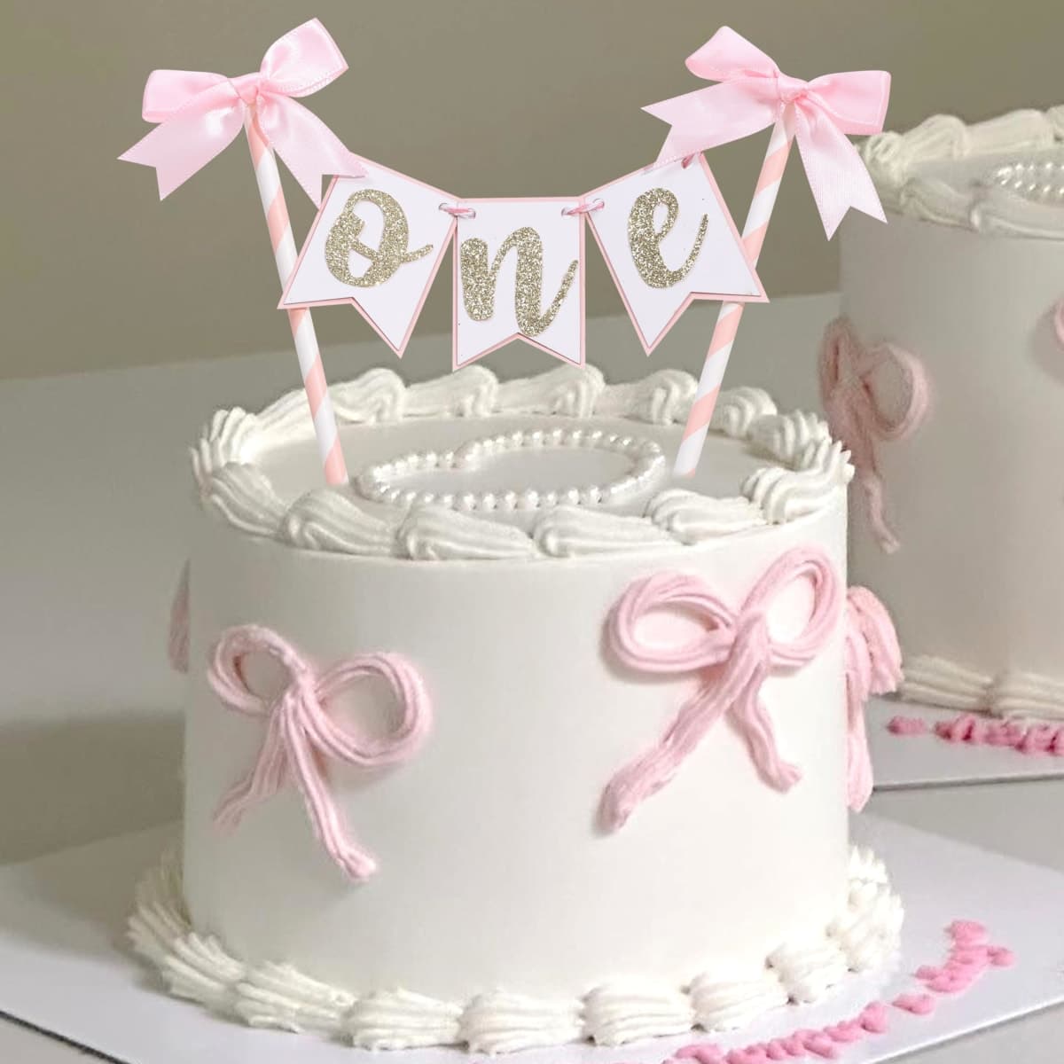 Pink Bow Ribbon Cake Topper - Bow Birthday Cake Topper,Coquette Themed Party Supplies,She's Tying The Knot,Bow 1st Birthday Cake Smash — image 1