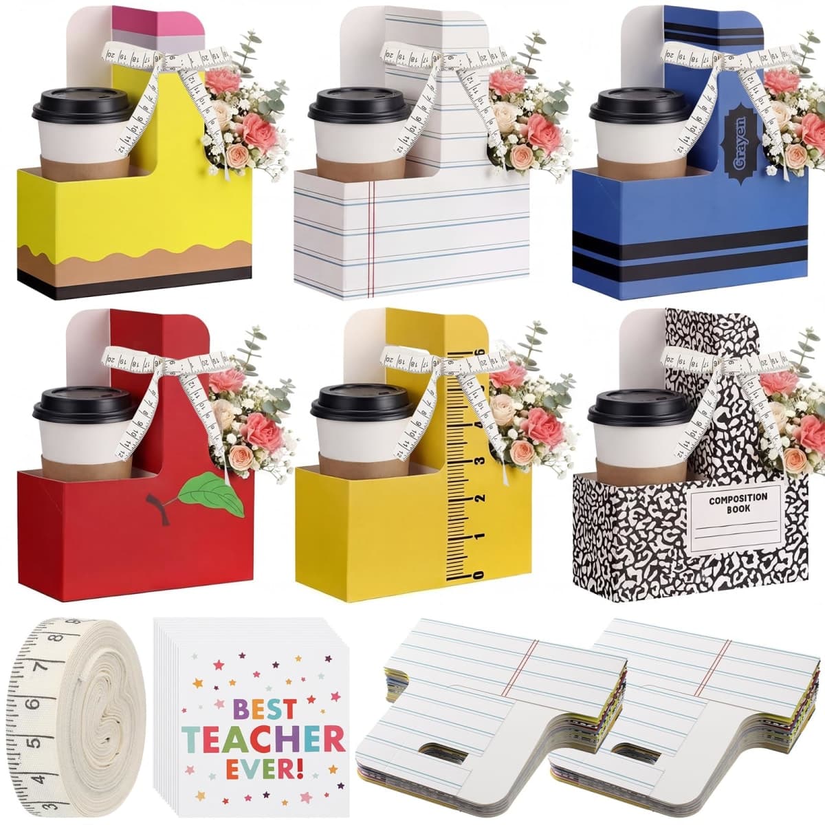 Potchen 24 Set 2 Cup Teacher Appreciation Gifts Drink Carrier Back to School Party Supplies with Handle Includes Ribbon Cards and Clips Disposable Cups Holders for School Classroom Party Decorations