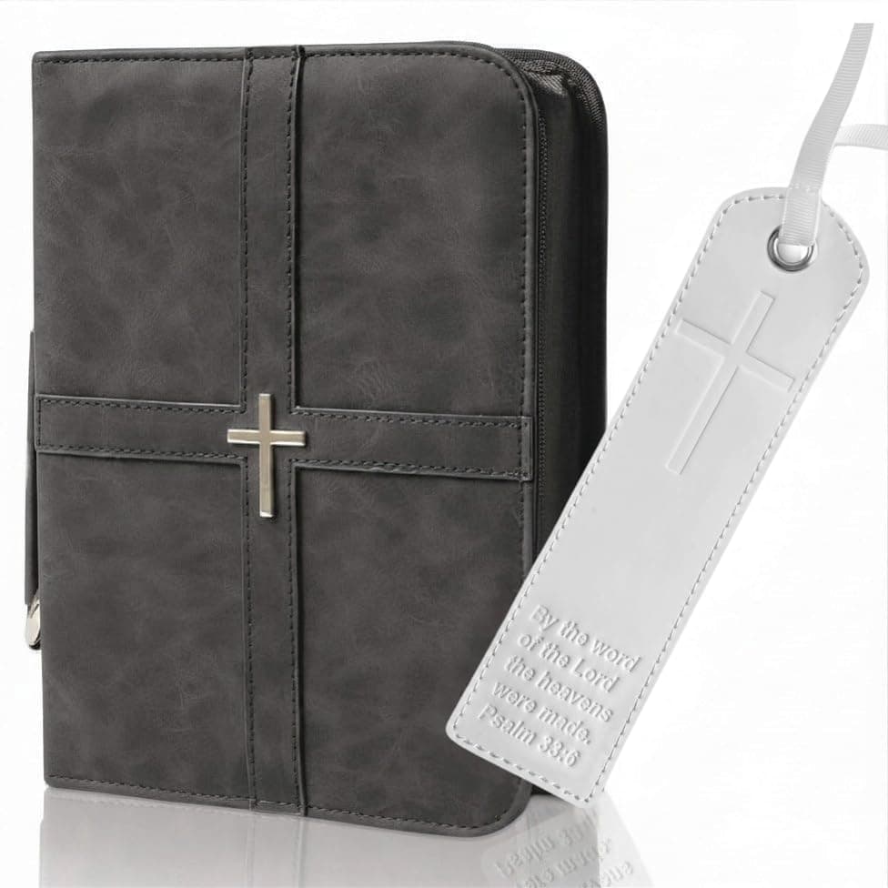 Bible Cover, Discreet & Elegant Bible Case, Brown PU Leather Bible Cover, Cross Design Bible Bags, Strong and Sturdy Book Case, Includes Premium Bookmark (Gray) — image 1