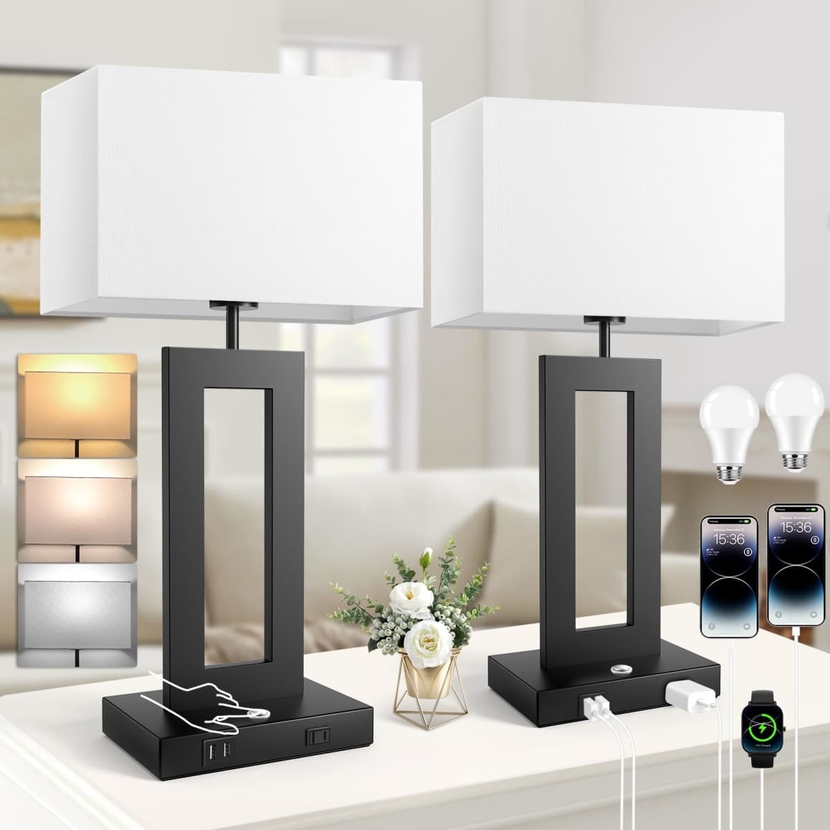 3 Color Temperatures Table Lamps for Bedrooms Set of 2, 22’’ Touch Control Bedside Nightstand Lamps with 2 USB Ports & AC Outlet, Stepless Dimmable Lamps with White Shade, Modern Decor for Living Room — image 1
