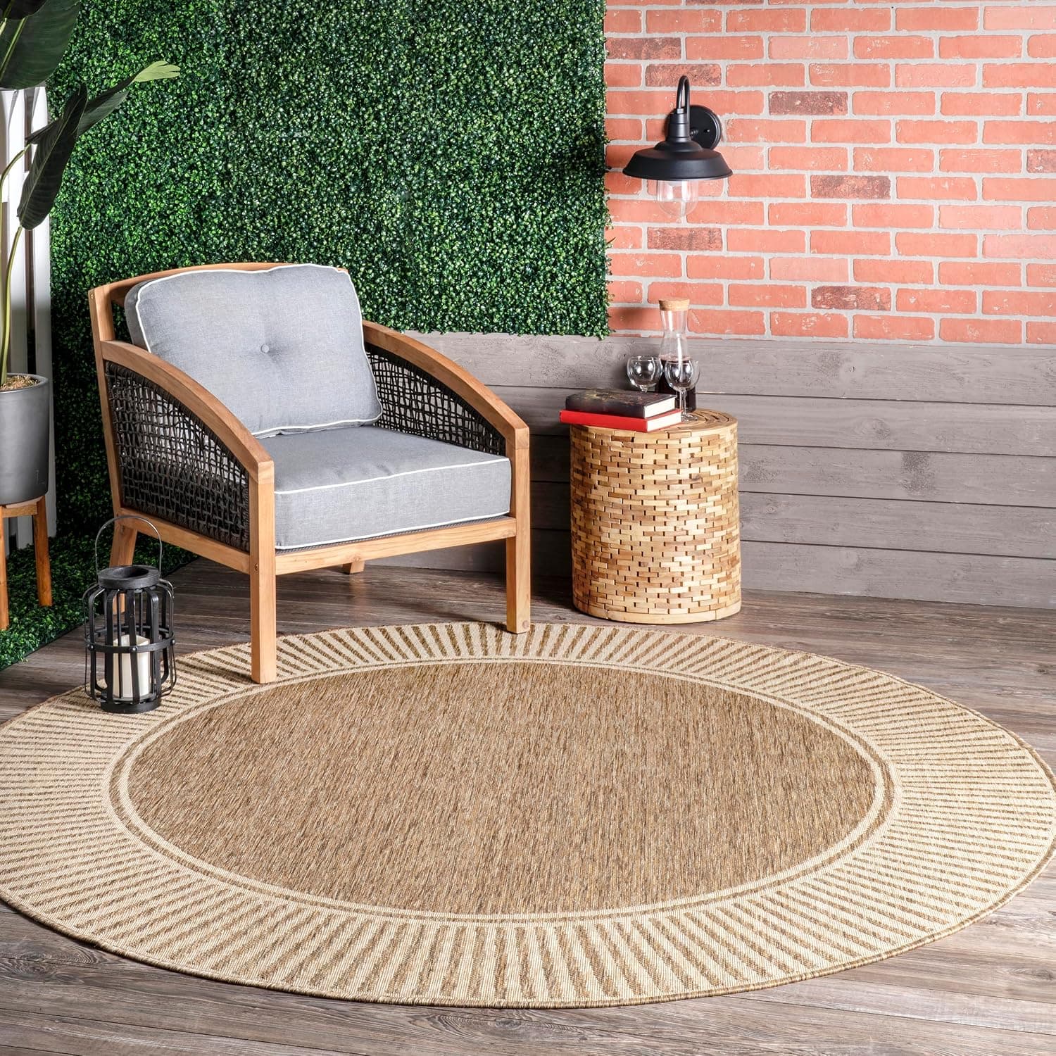GarveeHome 6ft Round Rug for Bedroom Machine Washable Modern Bordered Round Rug Contemporary Geometric Khaki Carpets for Dining Low Pile Non-Slip Solid Area Rug for Nursery Room Laundry Room