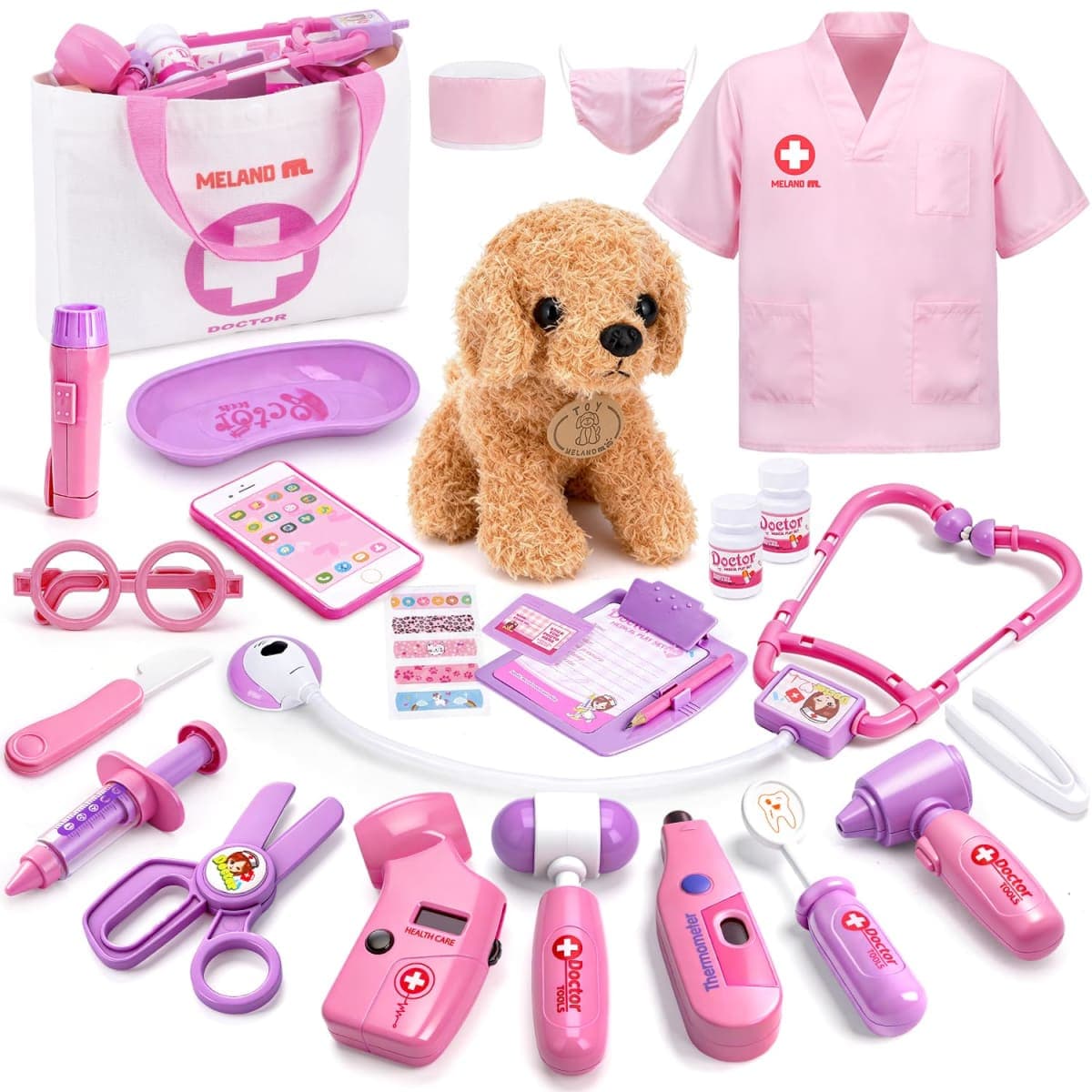 Meland Toy Doctor Kit for Girls, Pretend Play Toy Doctor Set with Dog , Carrying Bag, Stethoscope & Dress Up Costume Gift for Kids Toddlers Ages 3 4 5 6 Year Old for Role Play — image 1