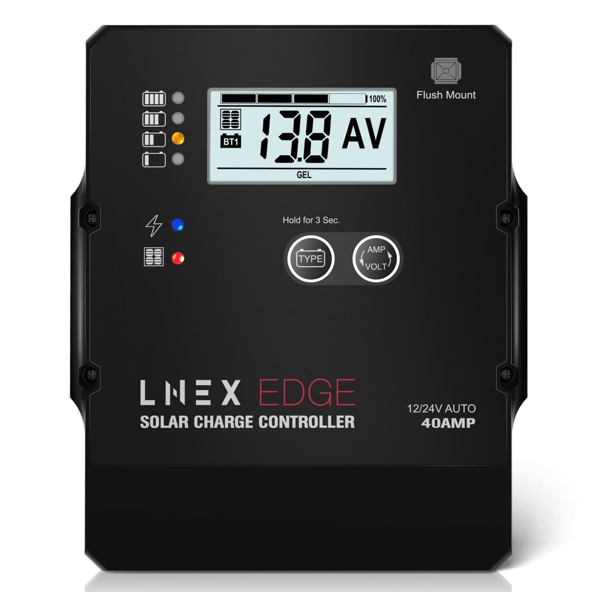 LNEX Solar Charge Controller with Flush Mount Design, 6 Stage Charging with LCD Display 12V/24V Auto PWM Controller 40A for LiFePO4, AGM, Gel, Flooded and Lithium Battery — image 1