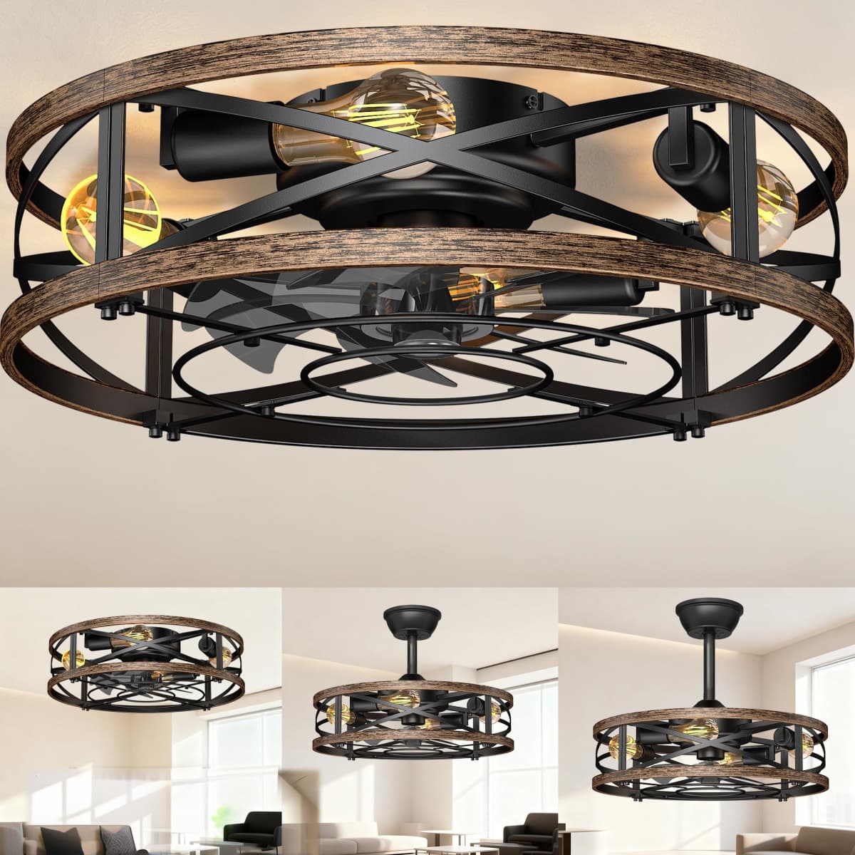 Retro Vintage Caged Ceiling Fan with Light,20in Low Profile Ceiling Fan,Small Farmhouse Rustic Fandaliers Ceiling Fans with Lights,Reversilbe Bladeless Fan Light Ceiling Fixture for Bedroom Kitchen — image 1