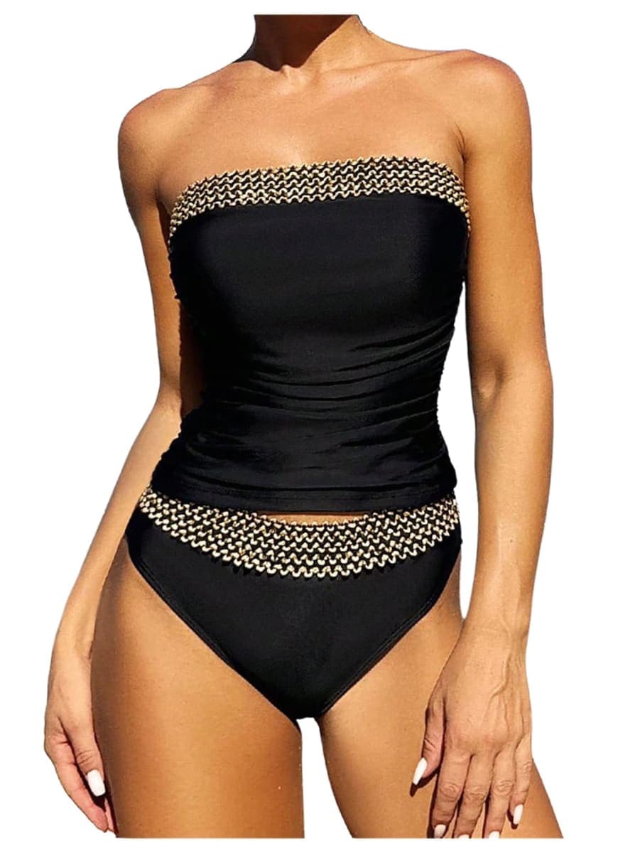 WDIRARA Women's 2 Piece Color Block Tankini Set Bandeau Strapless Ruched Bathing Swimsuit, Black Boho, Large — image 1