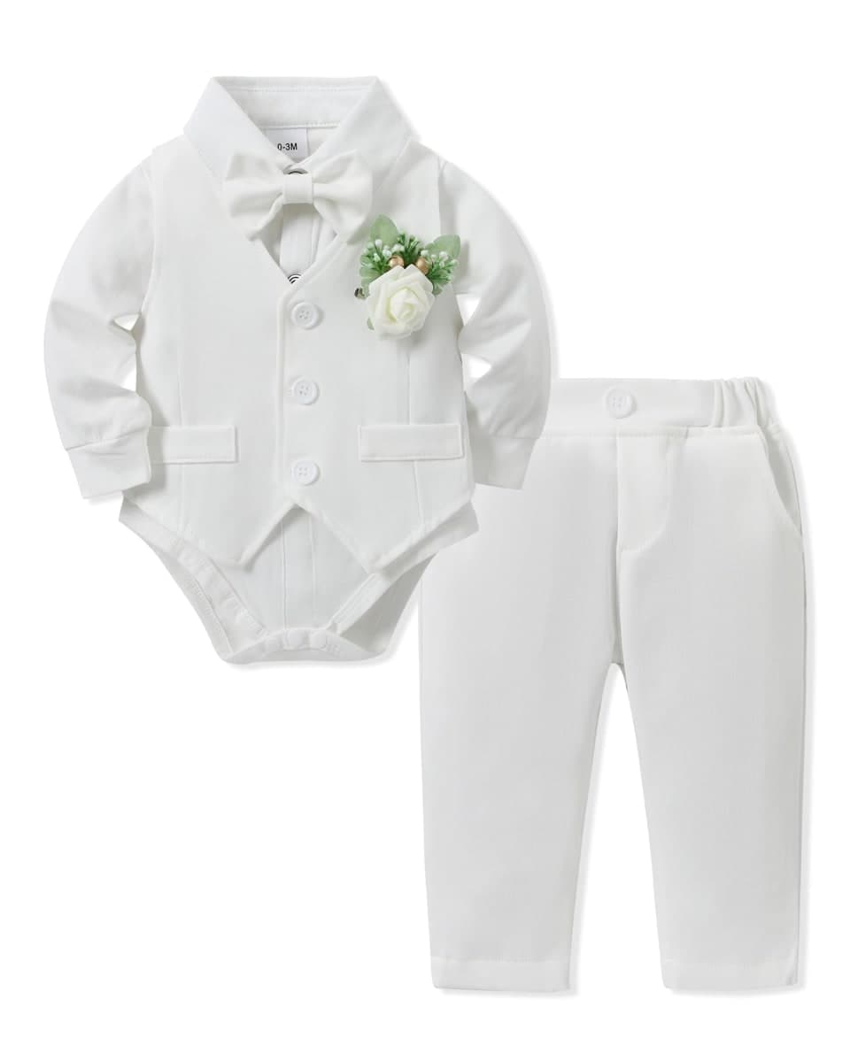 SANMIO Baby Boy Clothes Suits Infant Gentleman Outfit Collared Dress Shirt+Vest+Tie+Corsage+Pants 5Pcs Baby Suit Sets, Apricot+green, 6-12 Months — image 1