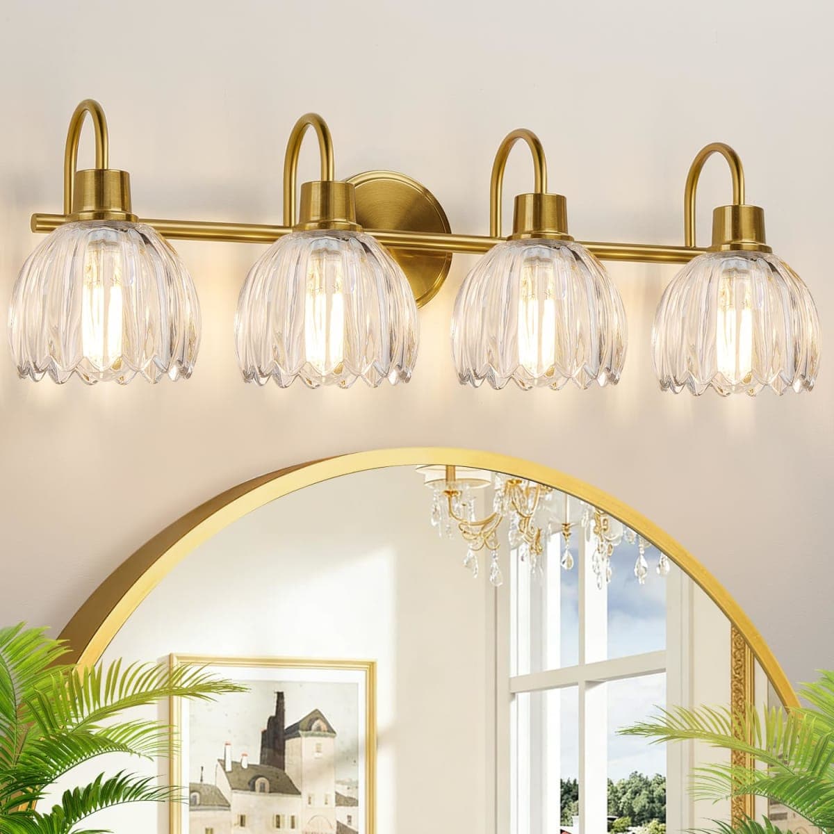 4-Light Bathroom Light Fixtures, 27" Brushed Gold Vanity Lights for Bathroom with Ribbed Clear Tulip Glass Shade, Vintage Bathroom Vanity Lighting Fixtures Over Mirror for Bedroom Living Room Hallway — image 1
