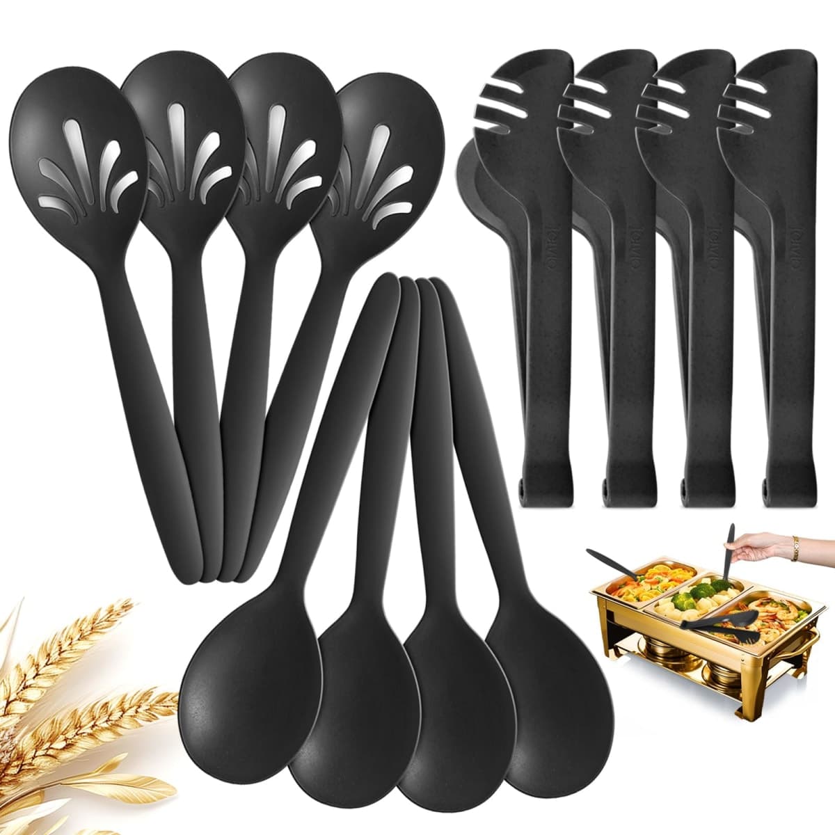 RayPard Reusable Plastic Serving Utensils Set of 12, Wheat straw Large Serving set 10" Serving Spoons/10" Slotted Spoons/9.4" Tongs, for Party Buffet Catering (Black, Not for Cooking) — image 1