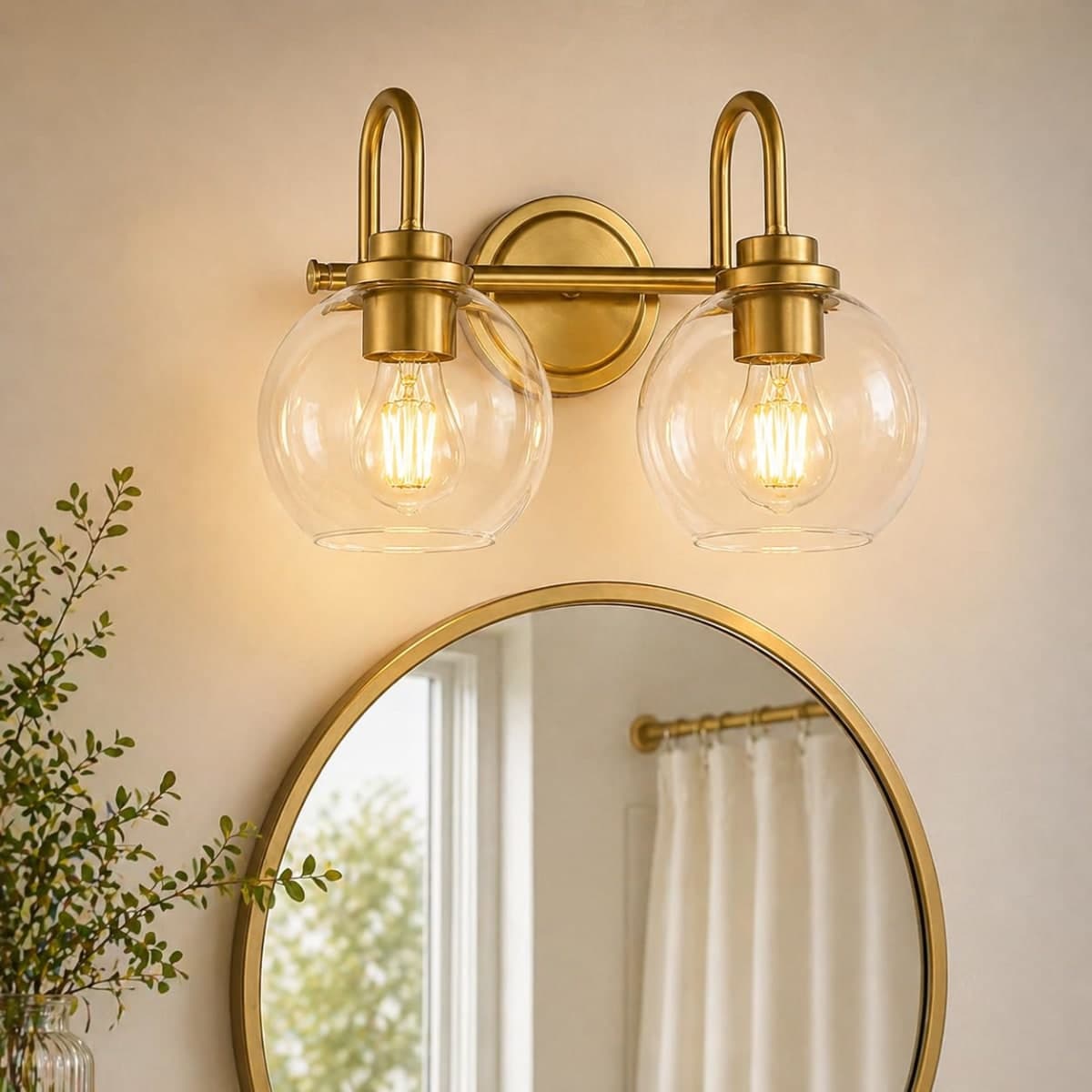 OUVR Gold Vanity Light – 2 Light Bathroom Fixture with Clear Glass Shades, Modern Wall Sconce for Mirror, Vanity Lighting for Bathroom Bedroom Hallway Living Room — image 1