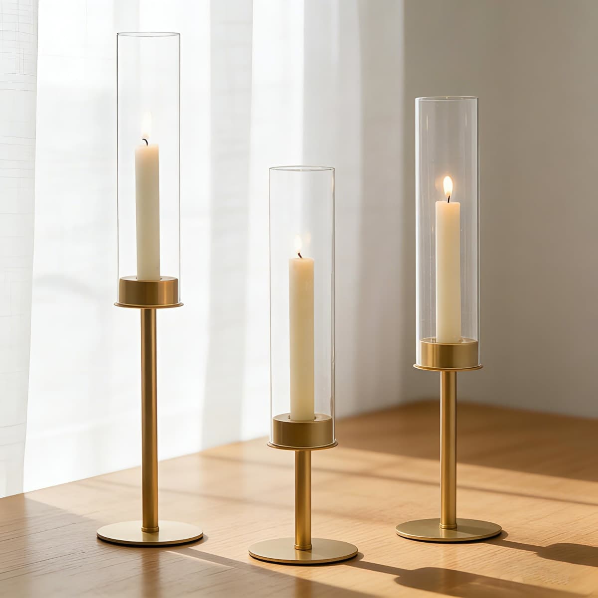 Hewory Gold Candle Holders, 3Pcs Brass Candle Stick Candelabra with Glass Candle Cover for Wedding Table Centerpiece Christmas Decor — image 1