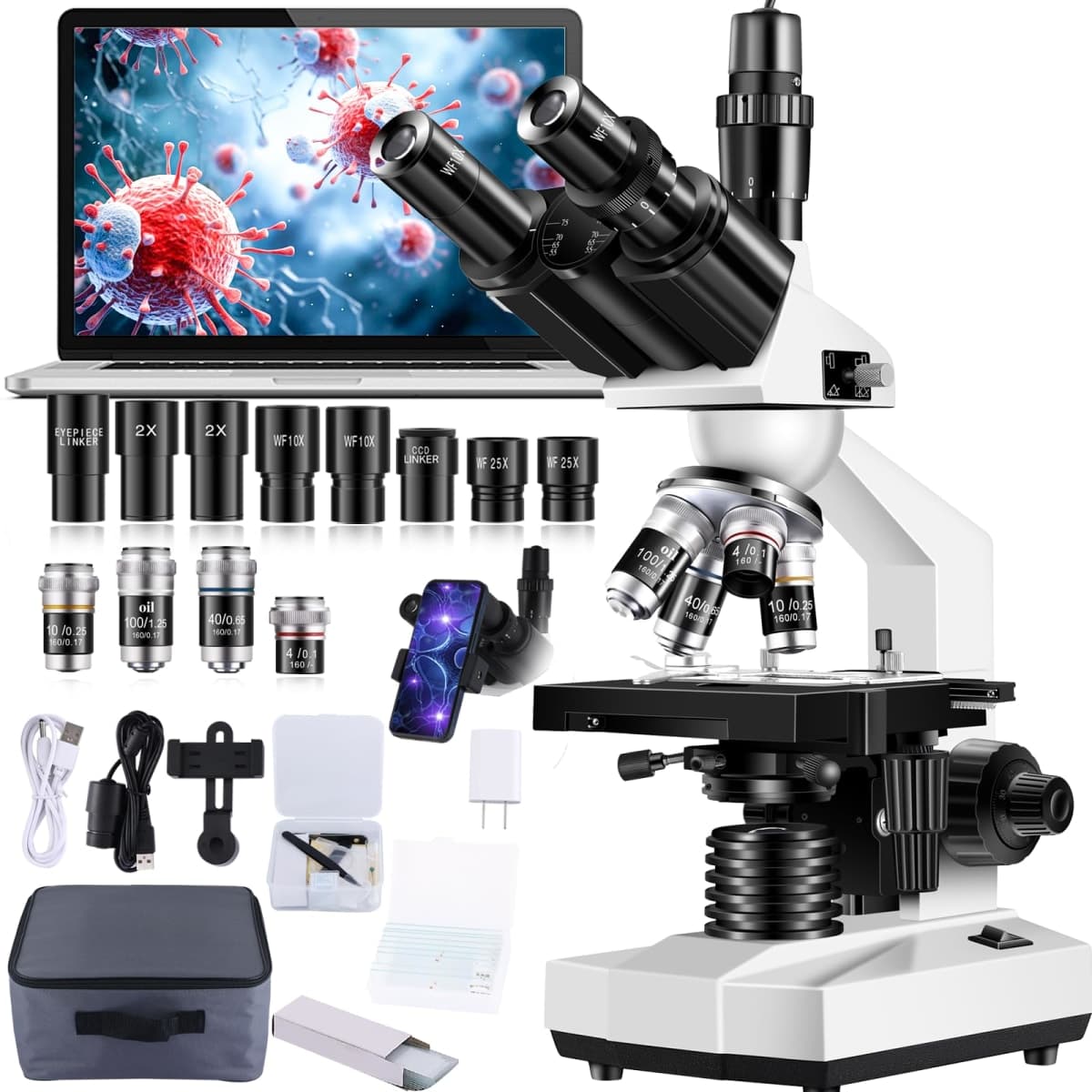 Woehrsh Compound Trinocular Microscope 40X-5000X Magnification, Laboratory Grade Microscope for Adults, Microscopes with LED Illumination Double Mechanical Stage and HD USB Camera — image 1