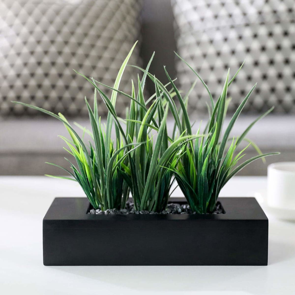 MyGift Artificial Green Grass Plants Potted in 9-inch Matte Black Wood Decorative Planter, Tabletop Faux Greenery in Wooden Rectangular Pot Centerpiece Décor — image 1