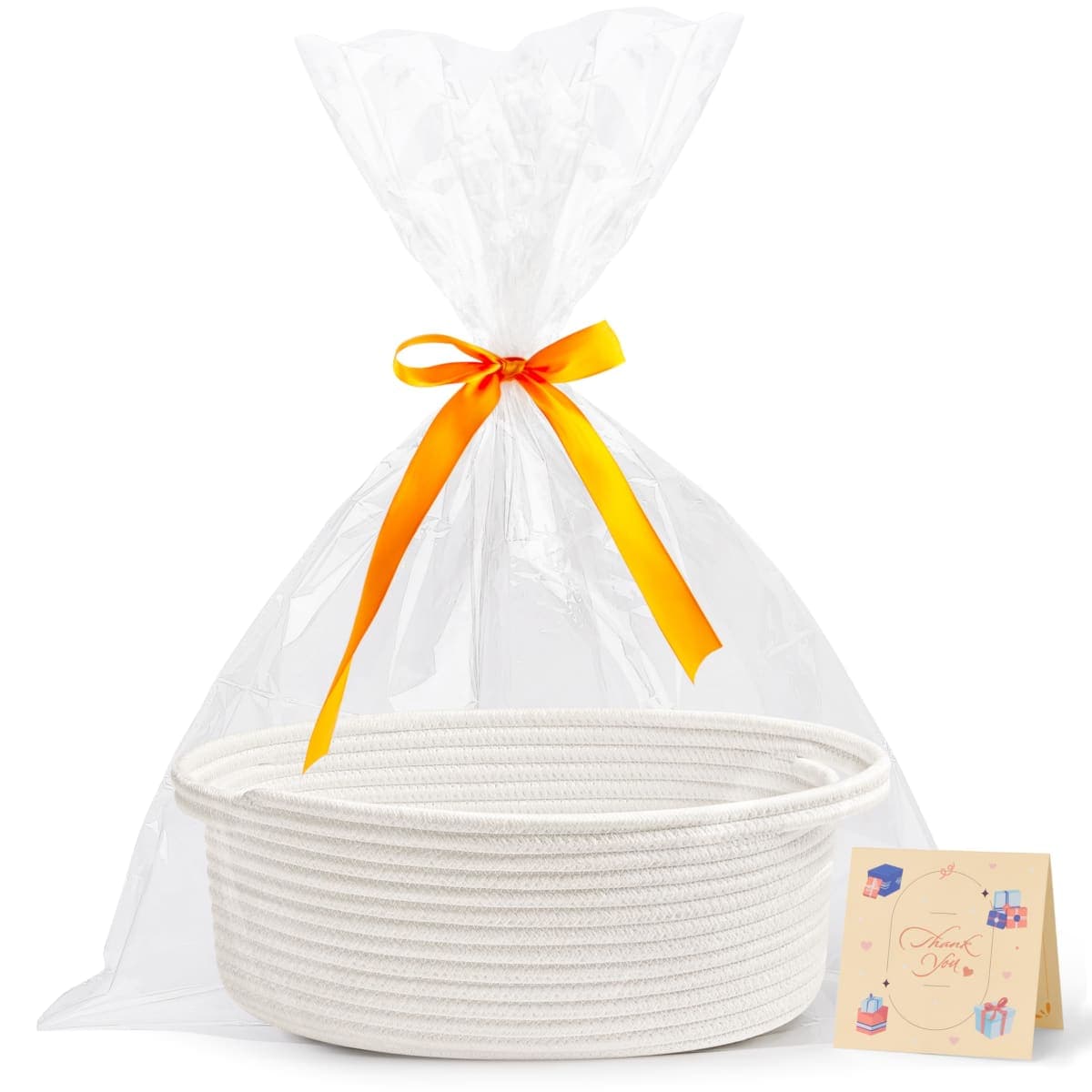 Pro Goleem Small Woven Basket with Gift Bags and Ribbons Durable baskets for Gifts Empty Small Rope Basket for Storage 12"X 8" X 5" Baby Toy Basket with Handles,White — image 1