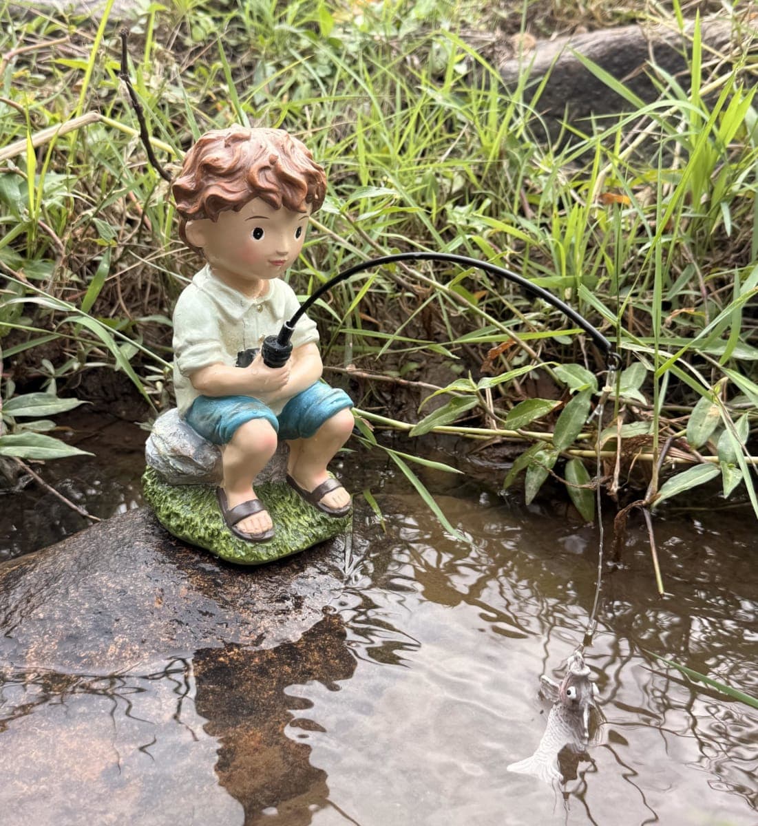 coolboy Garden Pond Boy Outdoor Statue,Animal Decorations for Yard Fishing Statue & Figurines Outdoor Garden Decor,Fishing Boy Sculpture for Waterfalls or Koi Pond Decor,Gifts for Fishing Lovers — image 1