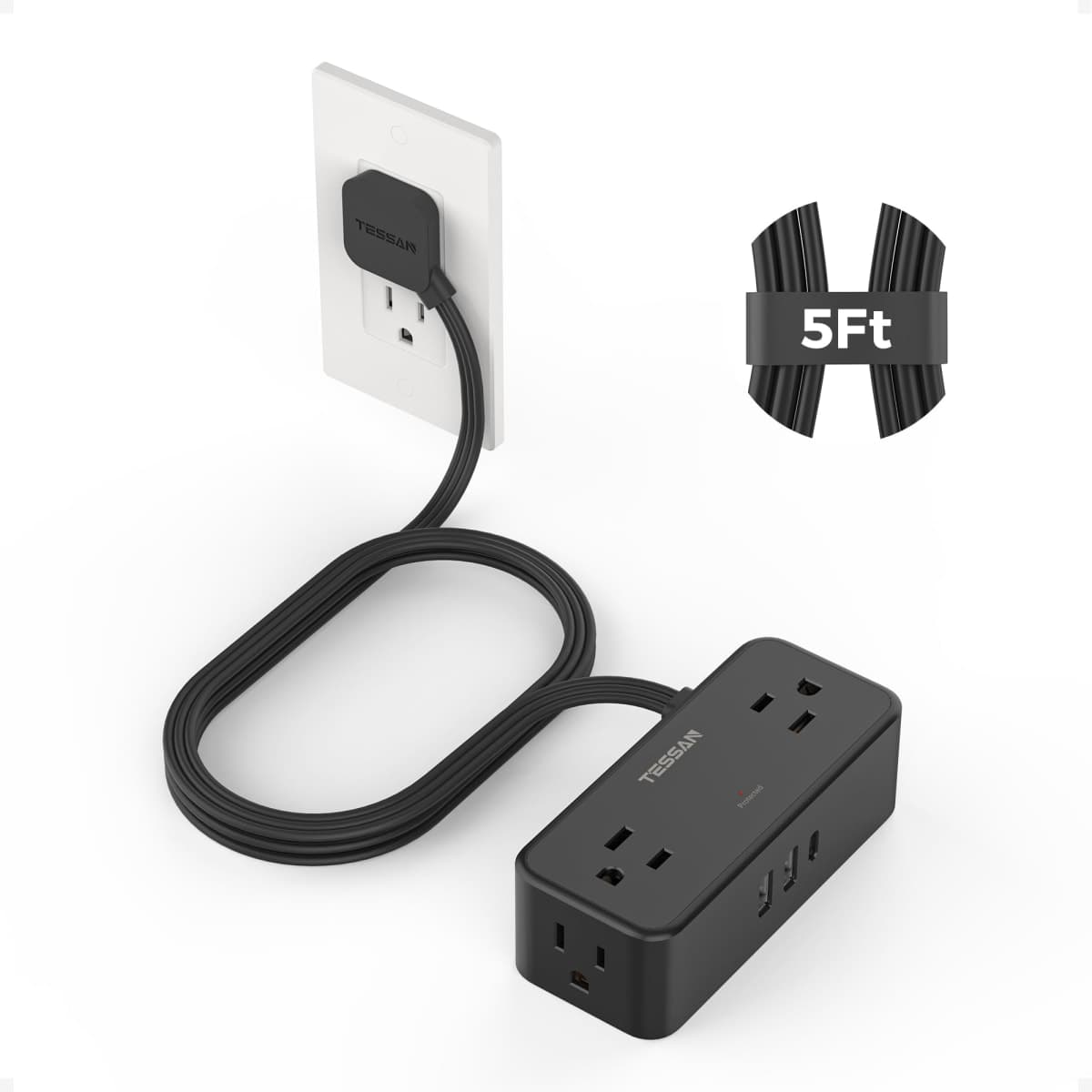 TESSAN Extension Electrica Plano 1.5 M, Plana Regleta Multicontacto Extensión con Protector de Sobretensión, 4 Salidas de CA y 3 USB(1 USB C), Conector Multiple Enchufe para Hogar Oficina Dorm, Negro — image 1