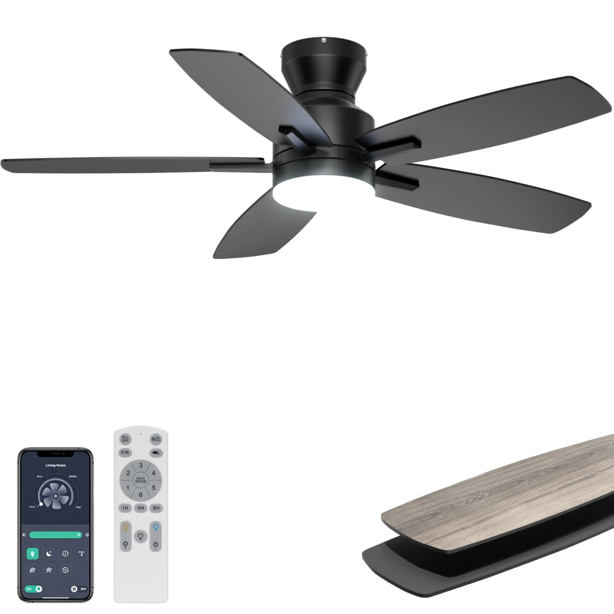 Ohniyou 42'' Ceiling Fans with Lights, Low Profile Ceiling Fan with Light and Remote/APP Control, Modern Flush Mount Ceiling Fan for Indoor Bedroom Kitchen, Dimmable, Qiuet DC Motor, Black — image 1