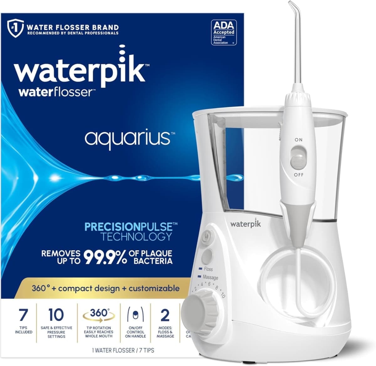 Waterpik Aquarius Water Flosser For Teeth Cleaning, Gums, Braces, Dental Care, Electric Power With 10 Settings, 7 Tips For Multiple Users & Needs, CDA Validated, White WP-660, Packaging May Vary — image 1