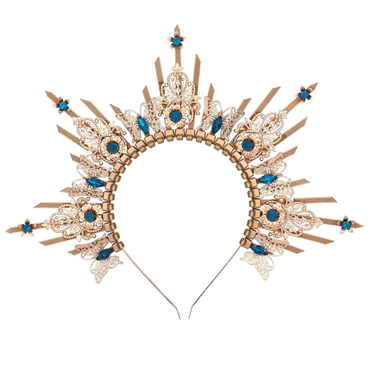COSUCOS Queen Halo Crown Headpiece - Zip Tie Spiked Hairband Sun Goddess Headband Virgin Mary Headpiece Women Wedding Photoshoot Costume with Butterfly Blue Rhinestones Headdress Renaissance — image 1